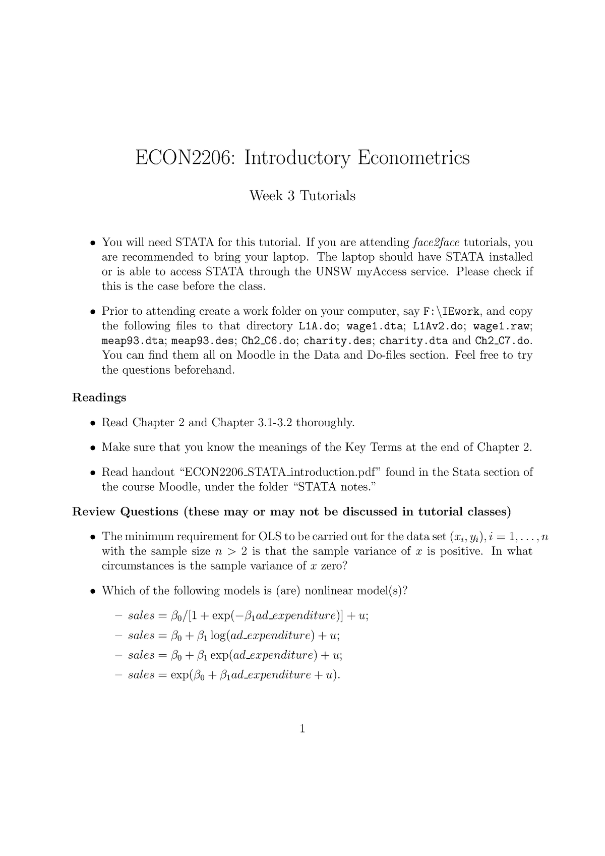 Tutorials Week3 Questions - ECON2206: Introductory Econometrics Week 3 ...