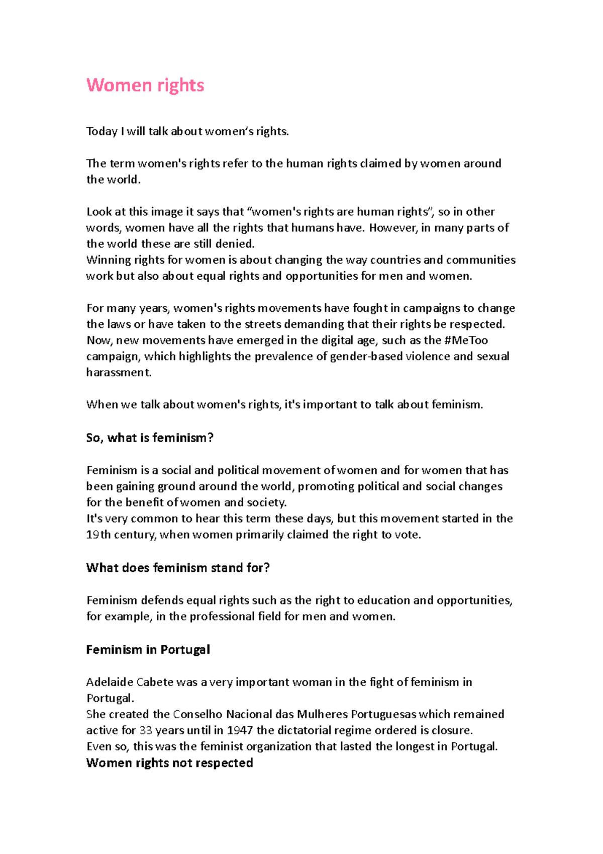 Womem rights (2) - Women rights Today I will talk about women’s rights ...