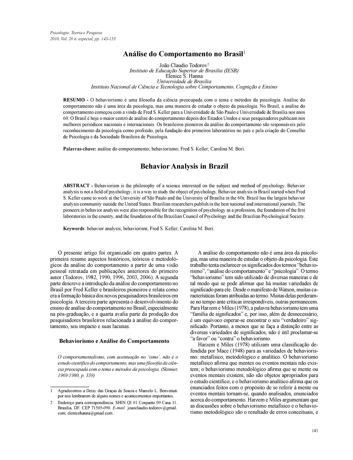 4ª - Todorv Analise DO Comportamento NO Brasil - 143 Psicologia: Teoria ...