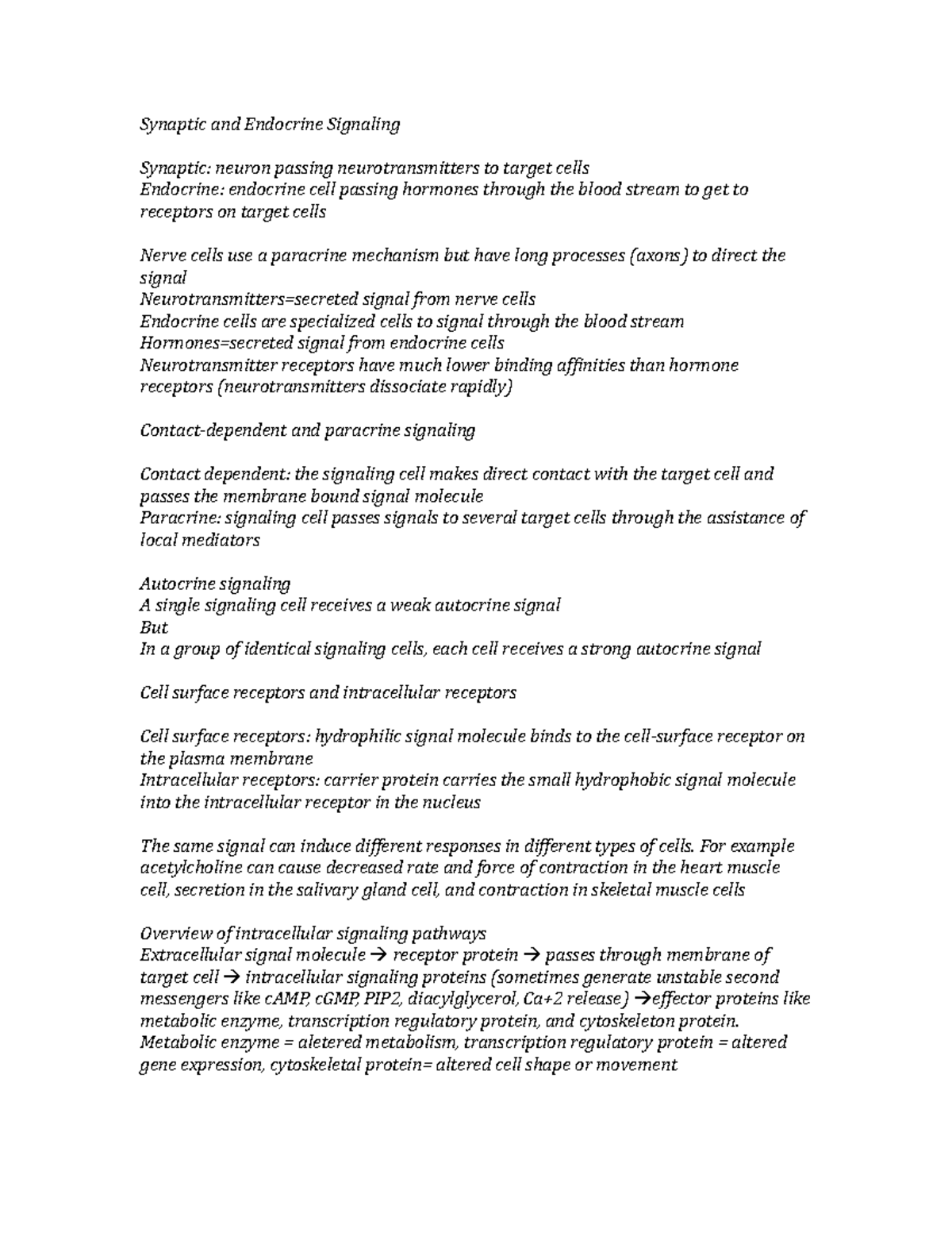 Cbio final review notes - Synaptic and Endocrine Signaling Synaptic ...
