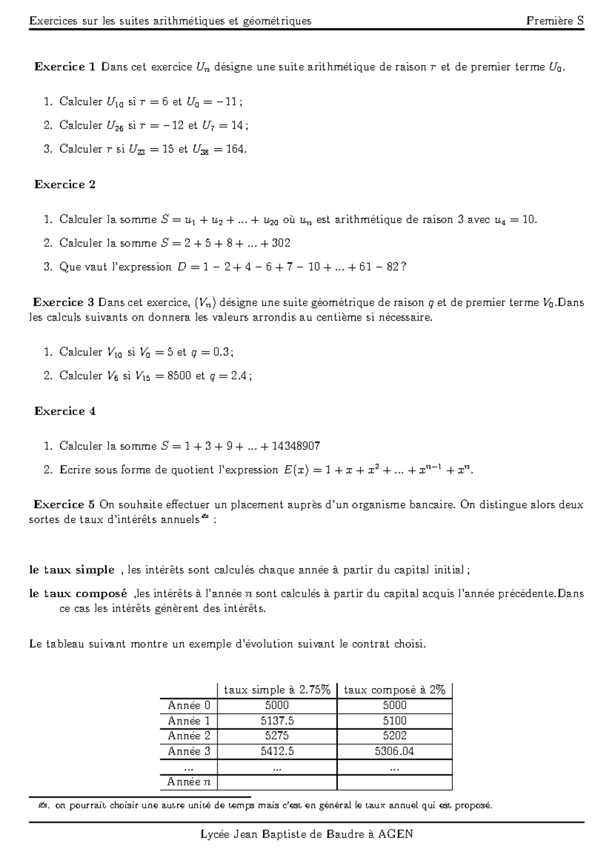 Exercices Suites Arith Geom- 1ere - Exercices Sur Les Suites Arithm ...