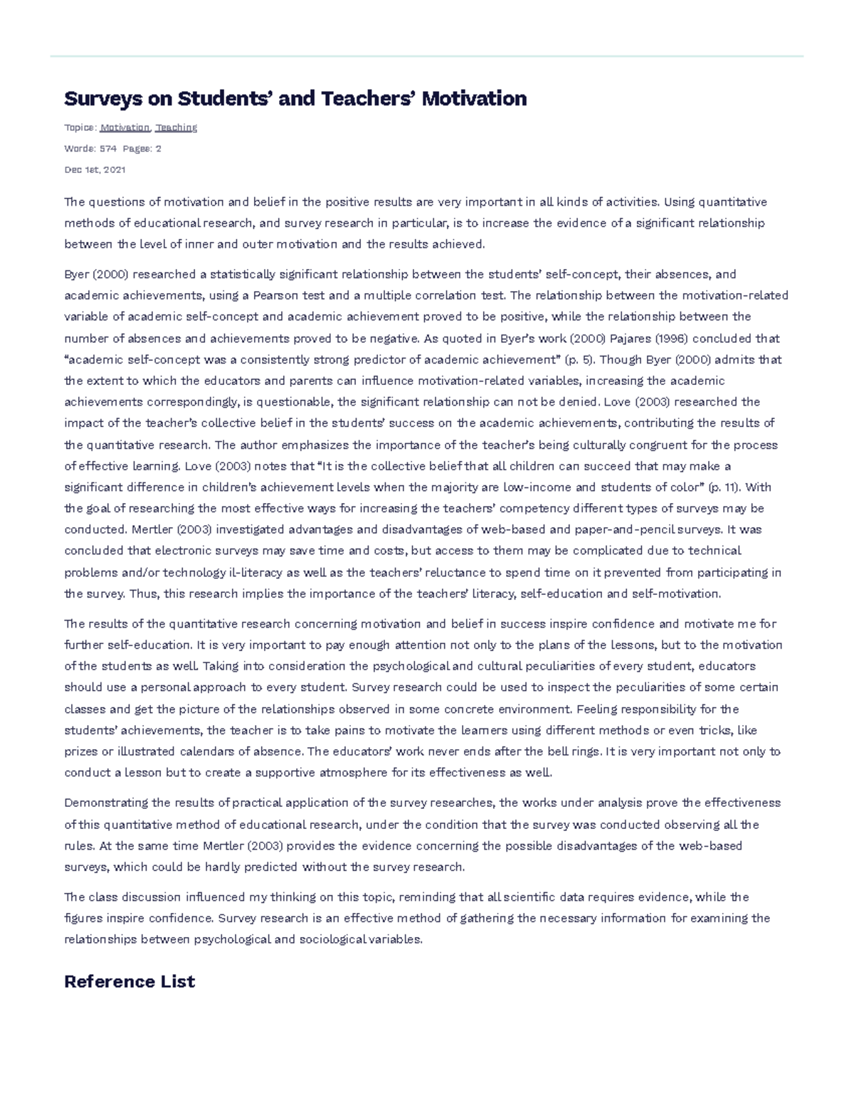 Surveys on Students' and Teachers' Motivation Free Essay Example ...
