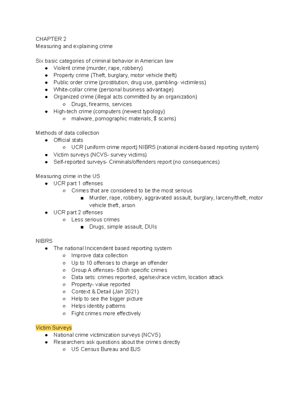 Chapter 2 Lecture Notes Chapter 2 Measuring And Explaining Crime Six Basic Categories Of 3622