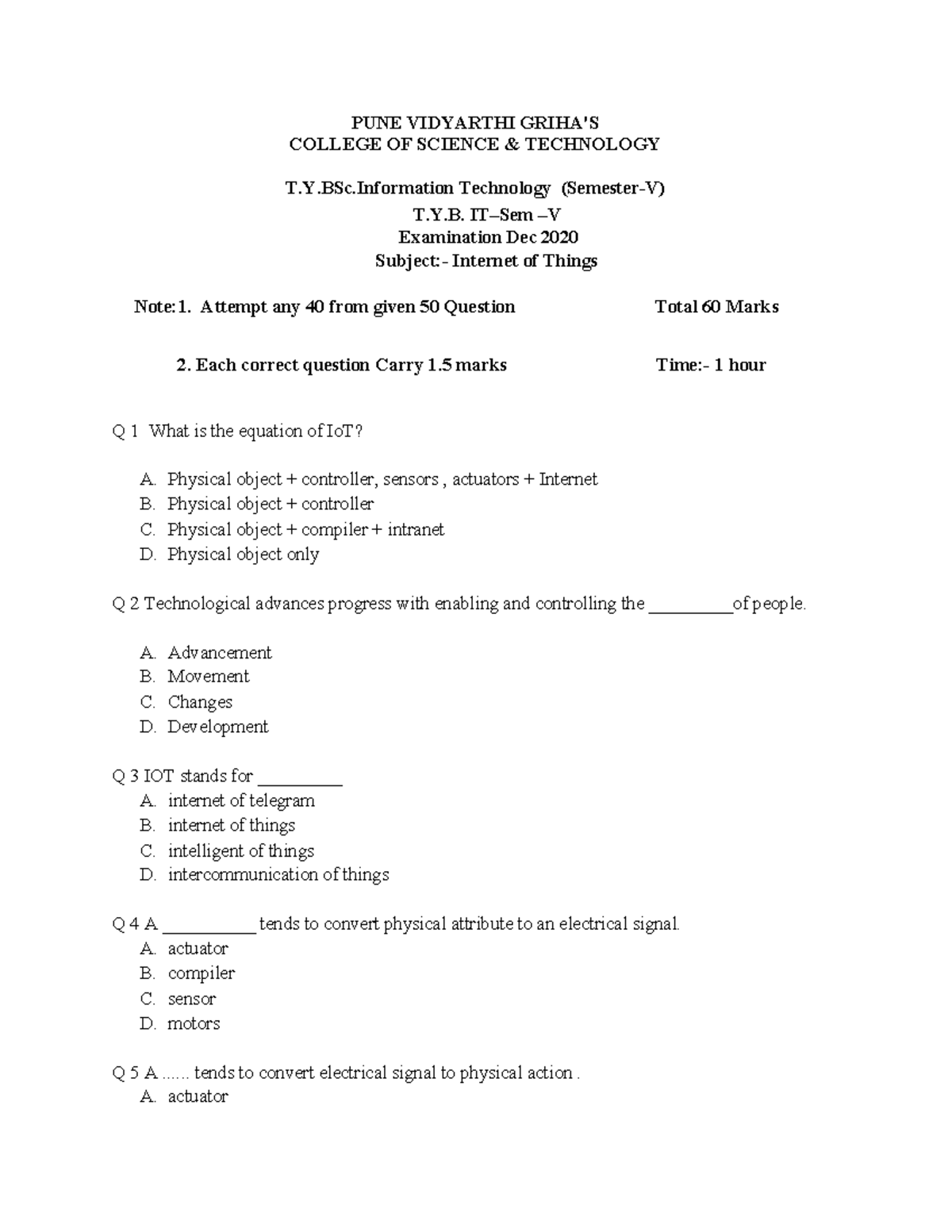 Io T-sample-paper - sample question - PUNE VIDYARTHI GRIHA'S COLLEGE OF ...