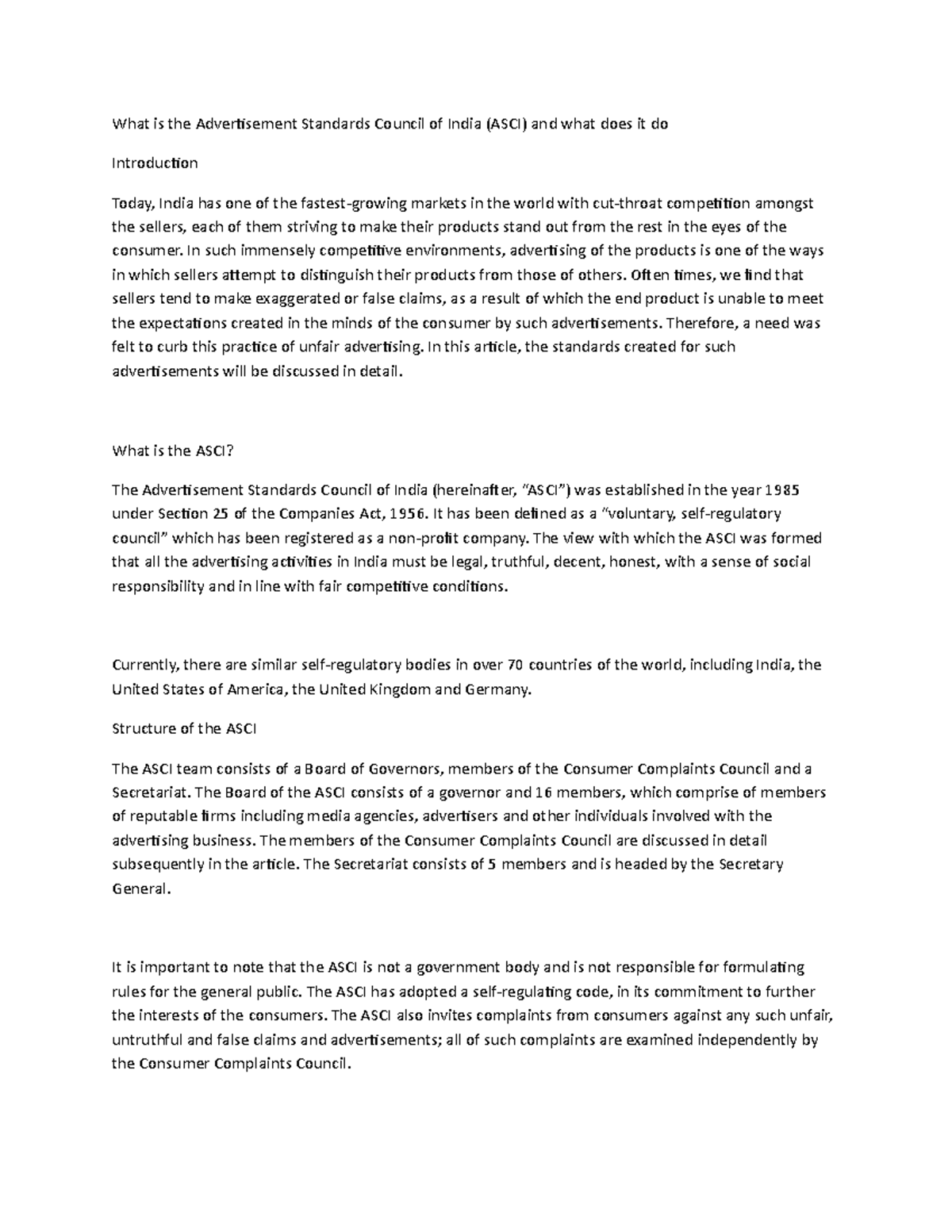 What is the Advertisement Standards Council of India (ASCI) and what ...