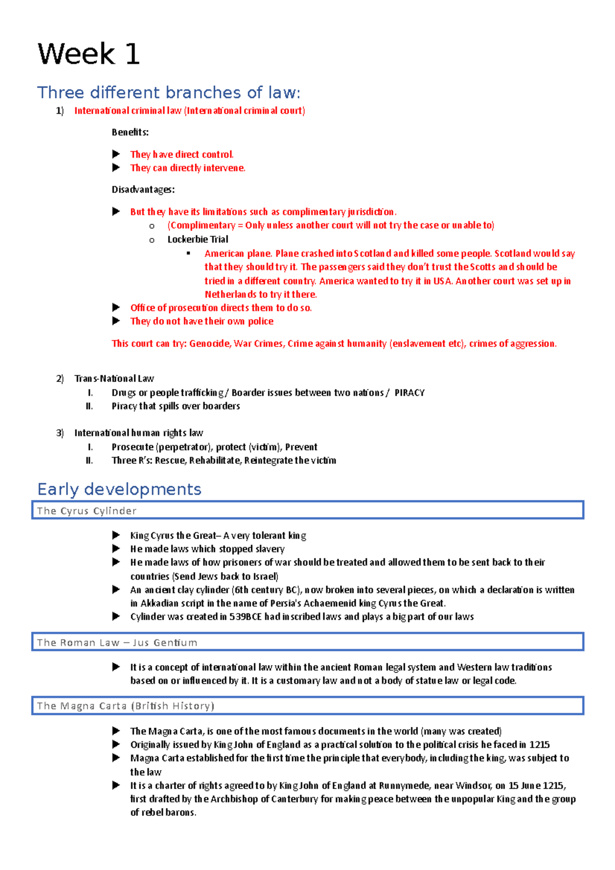 Human Rights Notes - Week 1 Three different branches of law ...