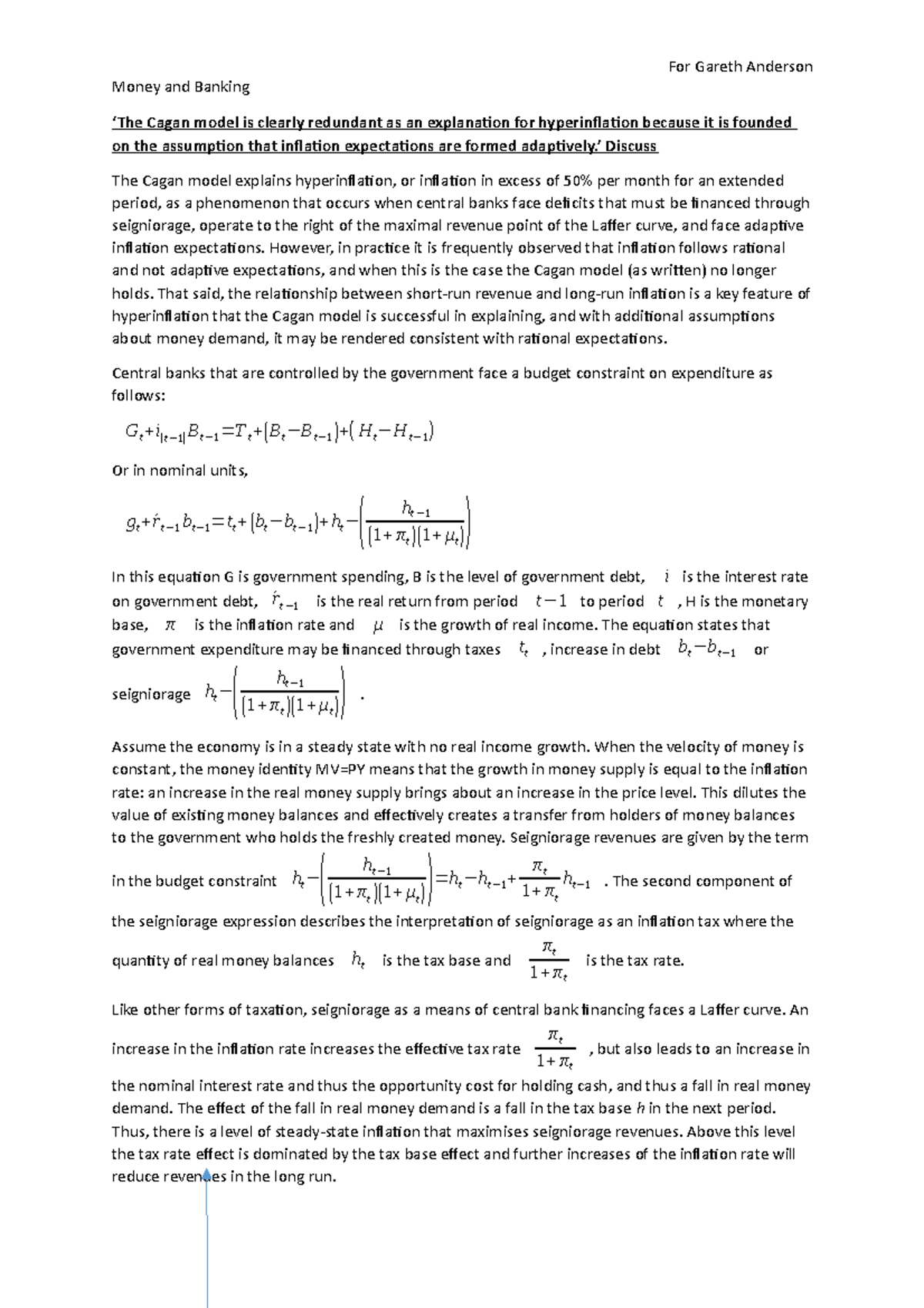 Money and Banking Essay 4 Hyperinflation For Gareth Anderson Money and Banking ‘The Cagan