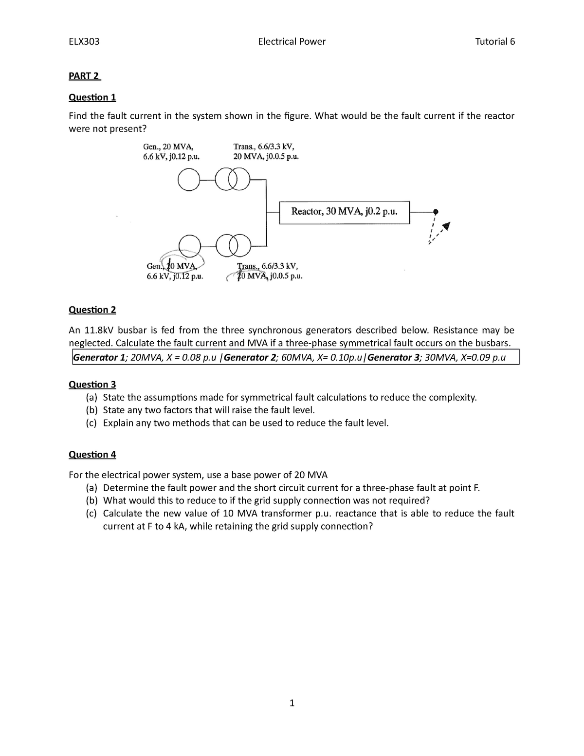 Tutorial 6 - fault current - ELX303 Electrical Power Tutorial 6 PART 2 ...