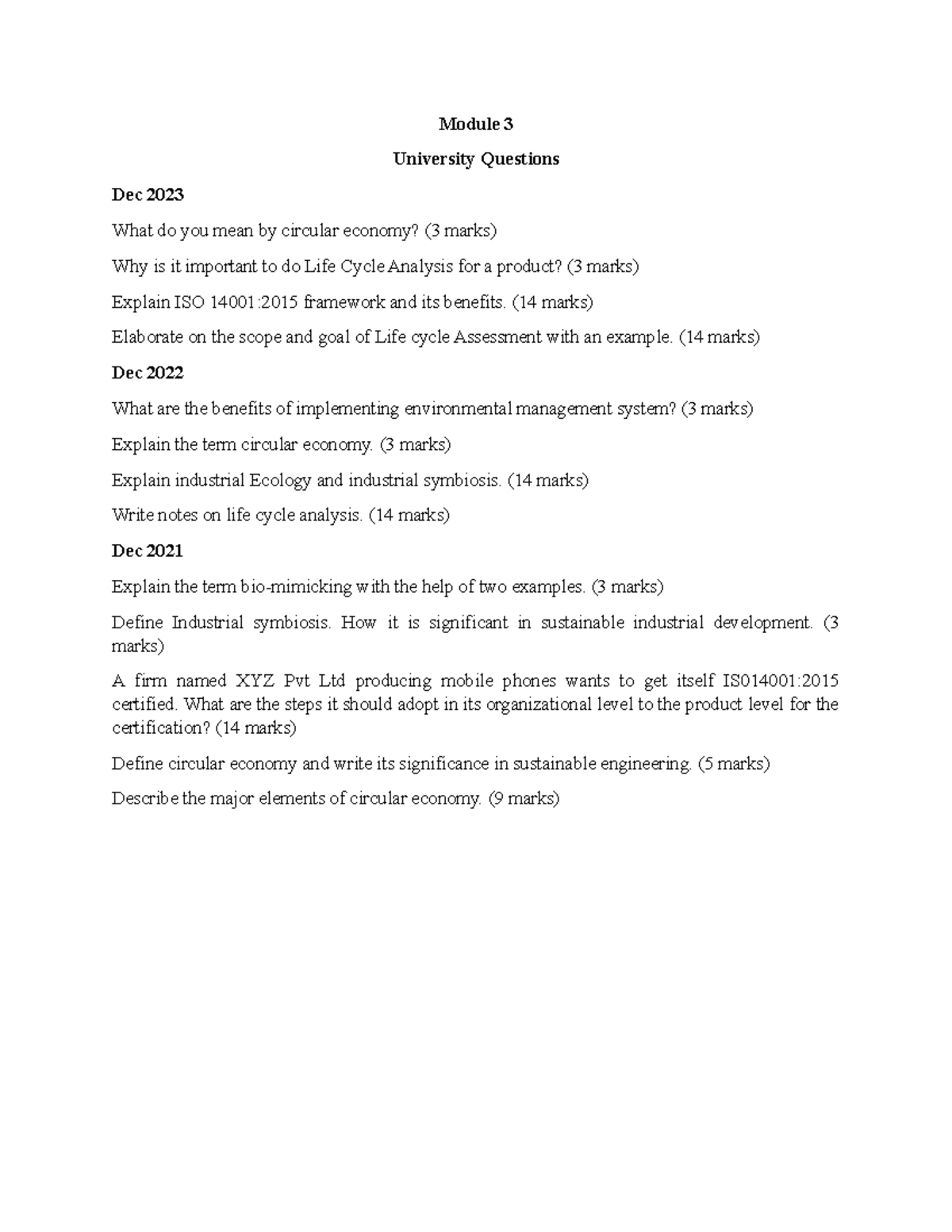 Sustainable Engineering Module 3 Previous University Questions - Module ...