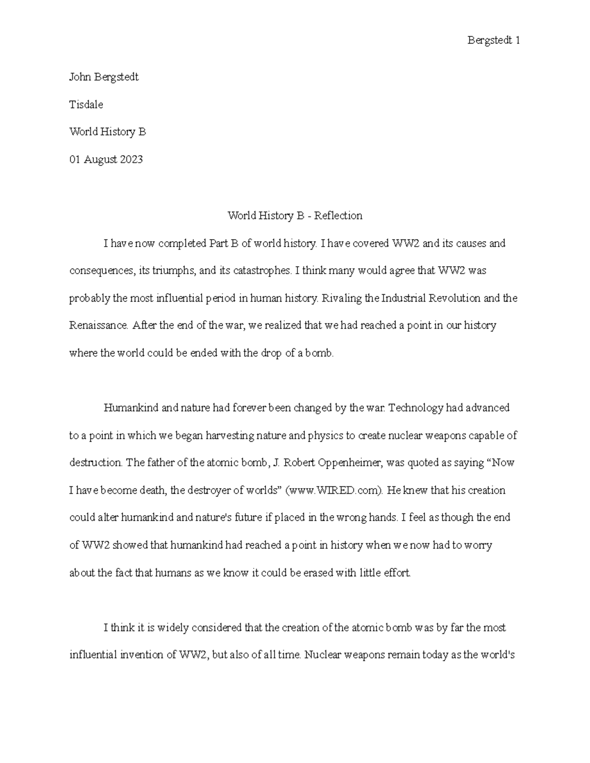 Report - hi my nam,e - Bergstedt 1 John Bergstedt Tisdale World History ...