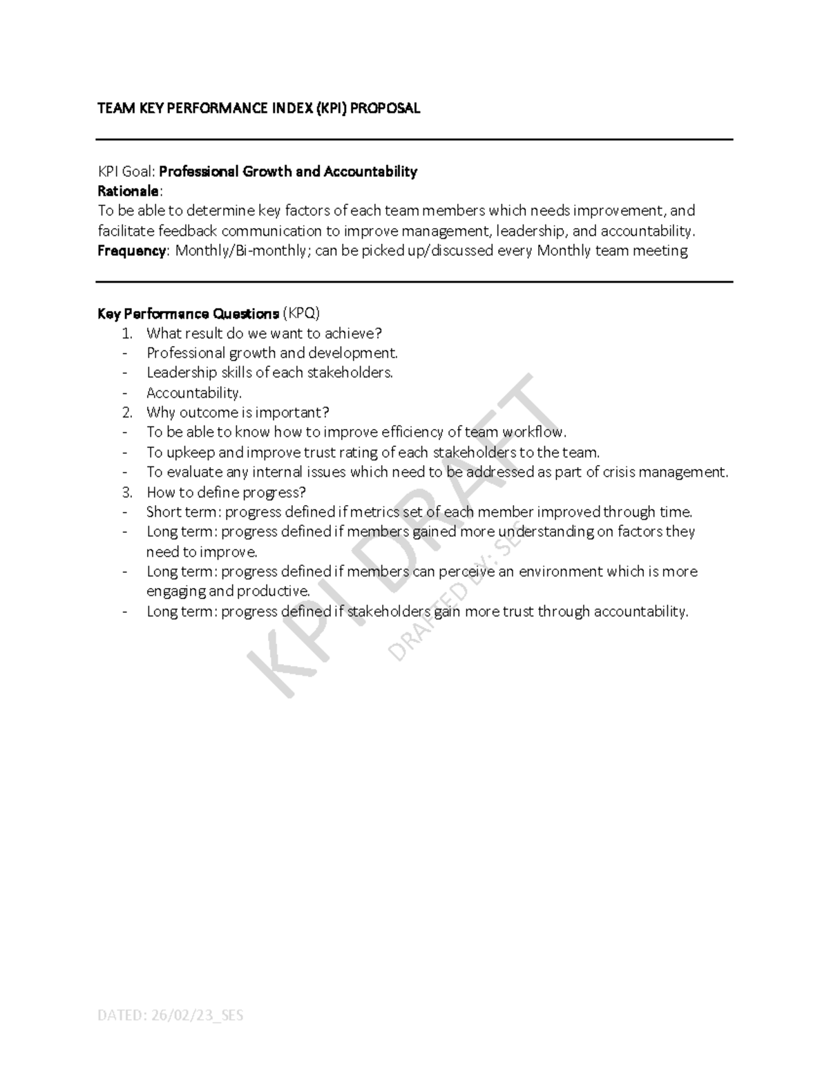 TEAM KEY Performance Index - KPI DRAFT DRAFTED BY: SES TEAM KEY ...