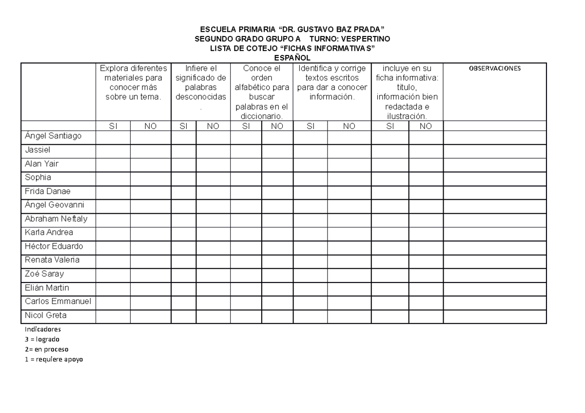 Listas de cotejo - SEGUNDO GRADO GRUPO A TURNO: VESPERTINO LISTA DE