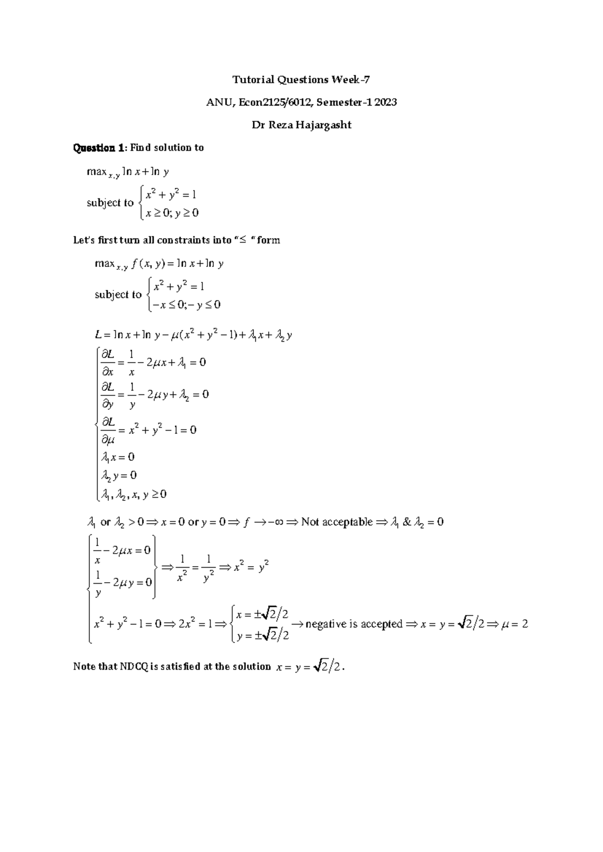 Solutions to Economics Tutorial 7 (Econ2125/6012) - Tutorial Questions ...