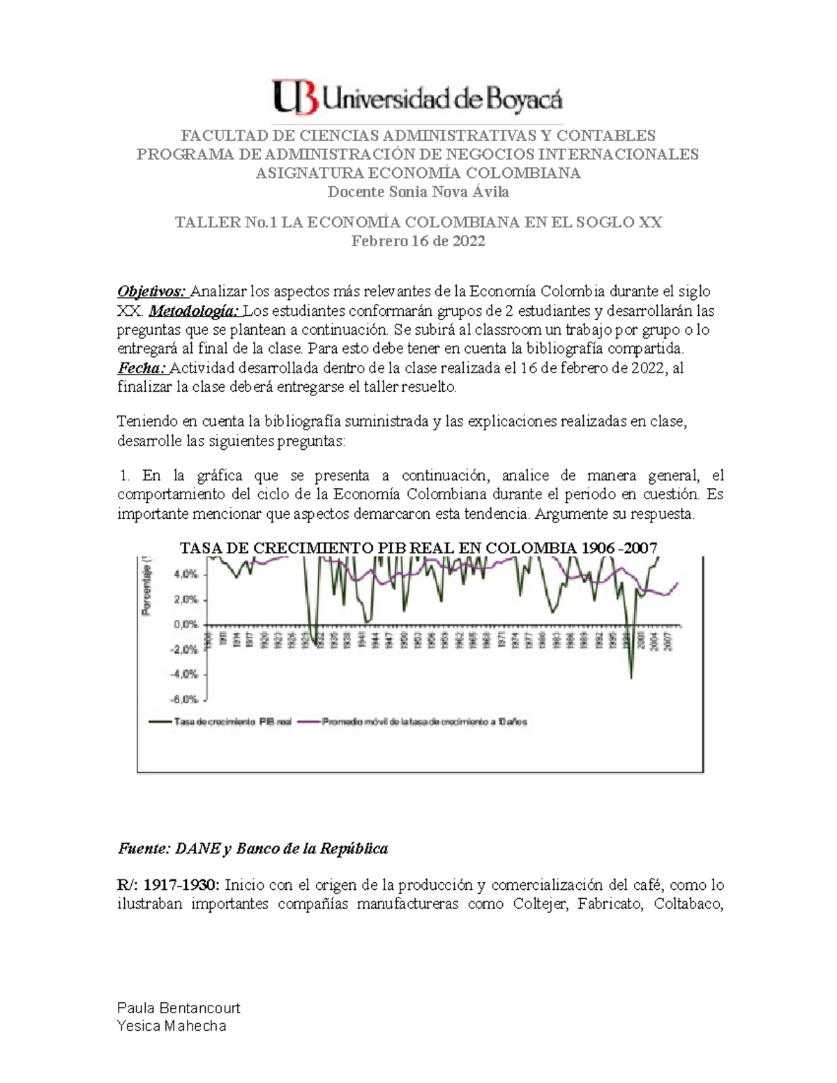 Taller No. 1 Economía Colombiana 202210 - FACULTAD DE CIENCIAS ...