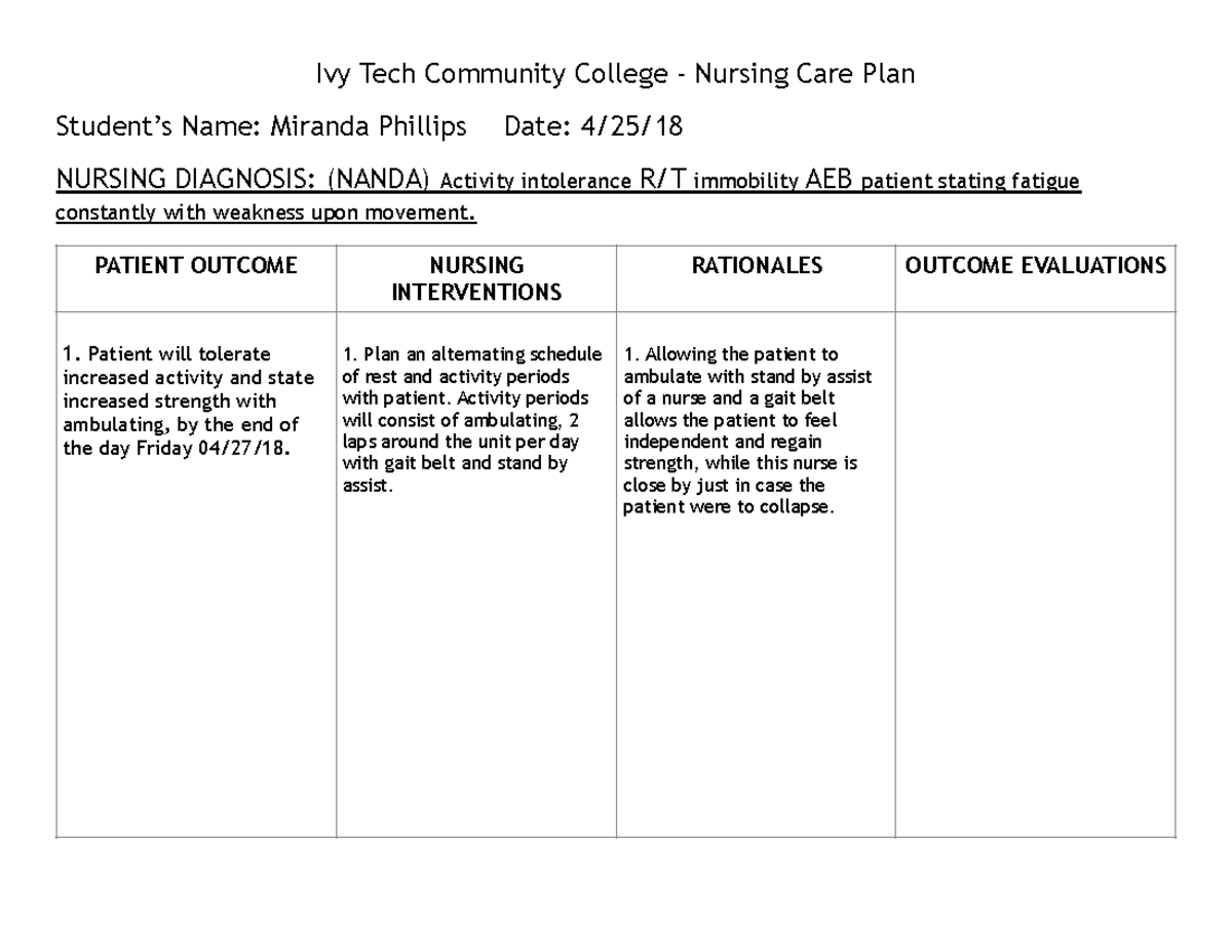 nursing care plan assignment