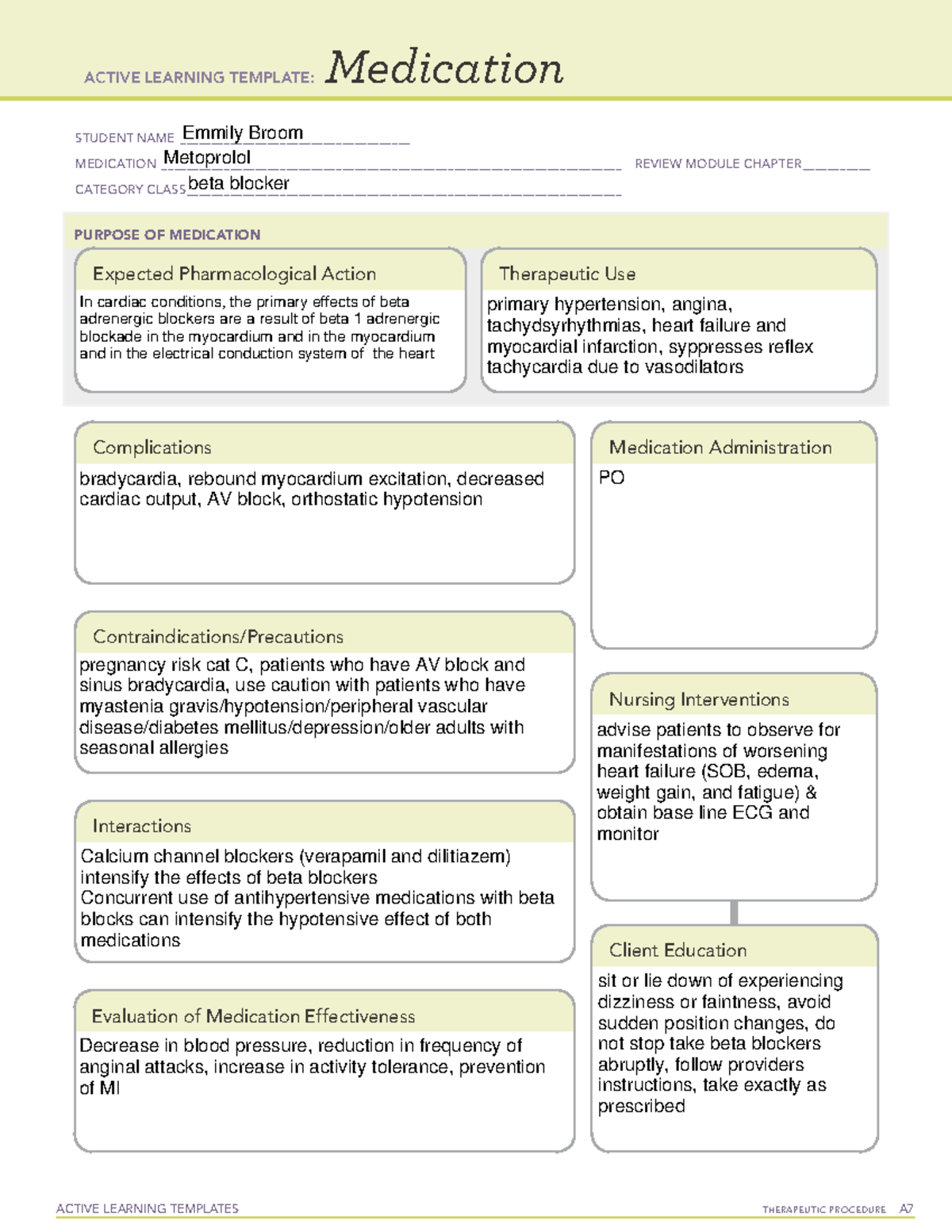 Metoprolol med template - NUR2502 - Studocu