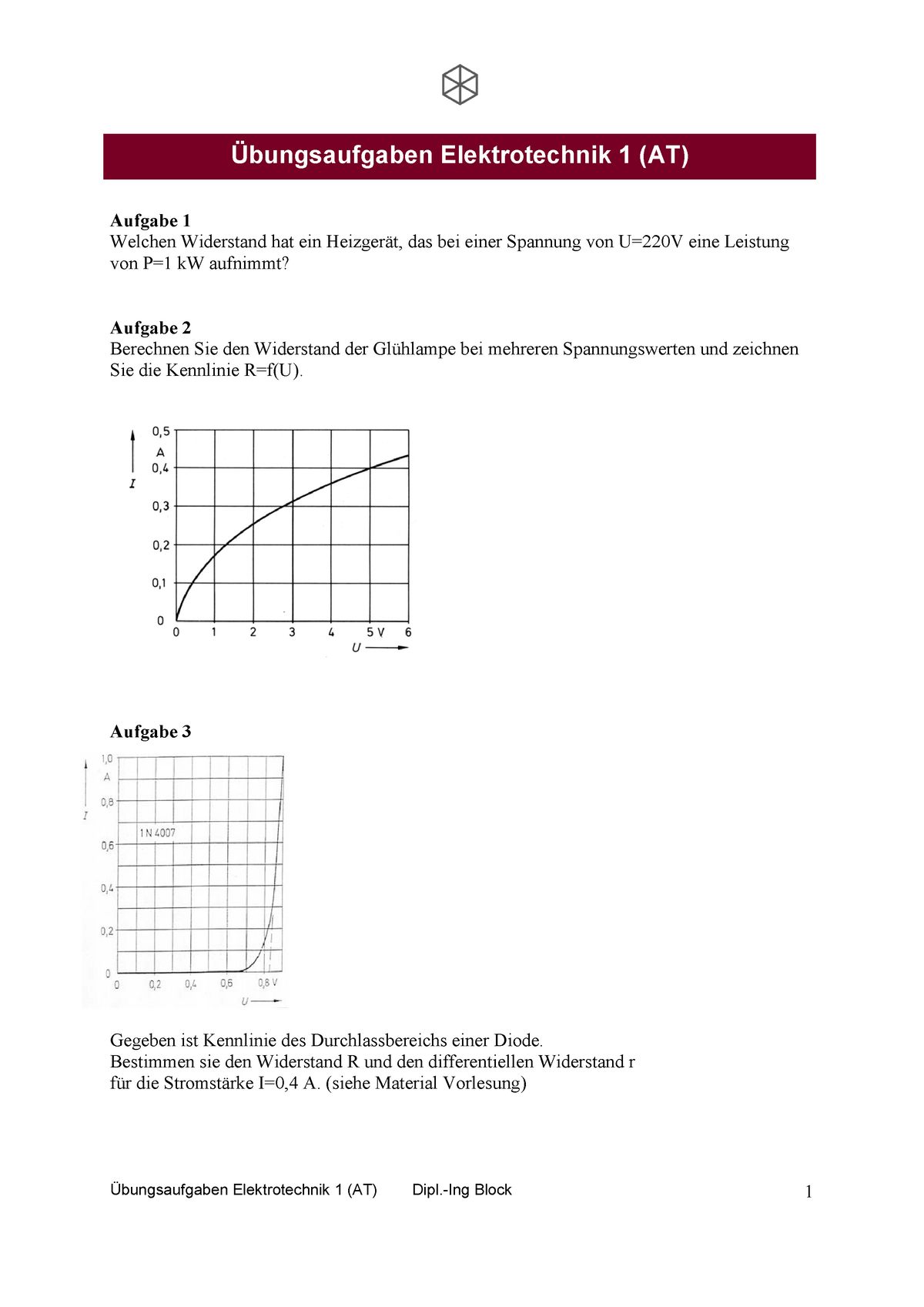 Übungsaufgaben Elektrotechnik 1 AT - Aufgabe 3 Gegeben Ist Kennlinie ...