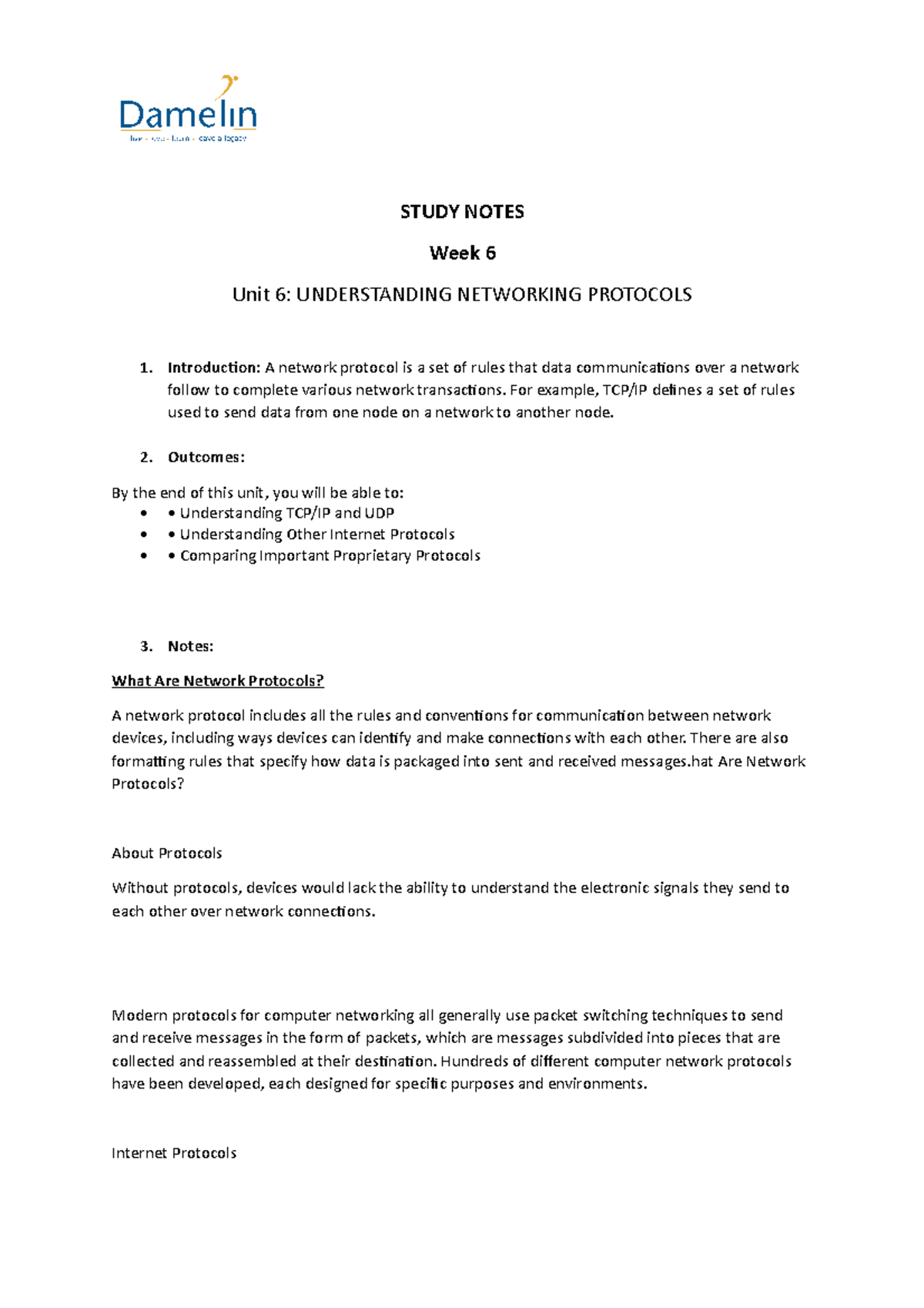 UNIT 6 Network Protocol - STUDY NOTES Week 6 Unit 6: UNDERSTANDING ...