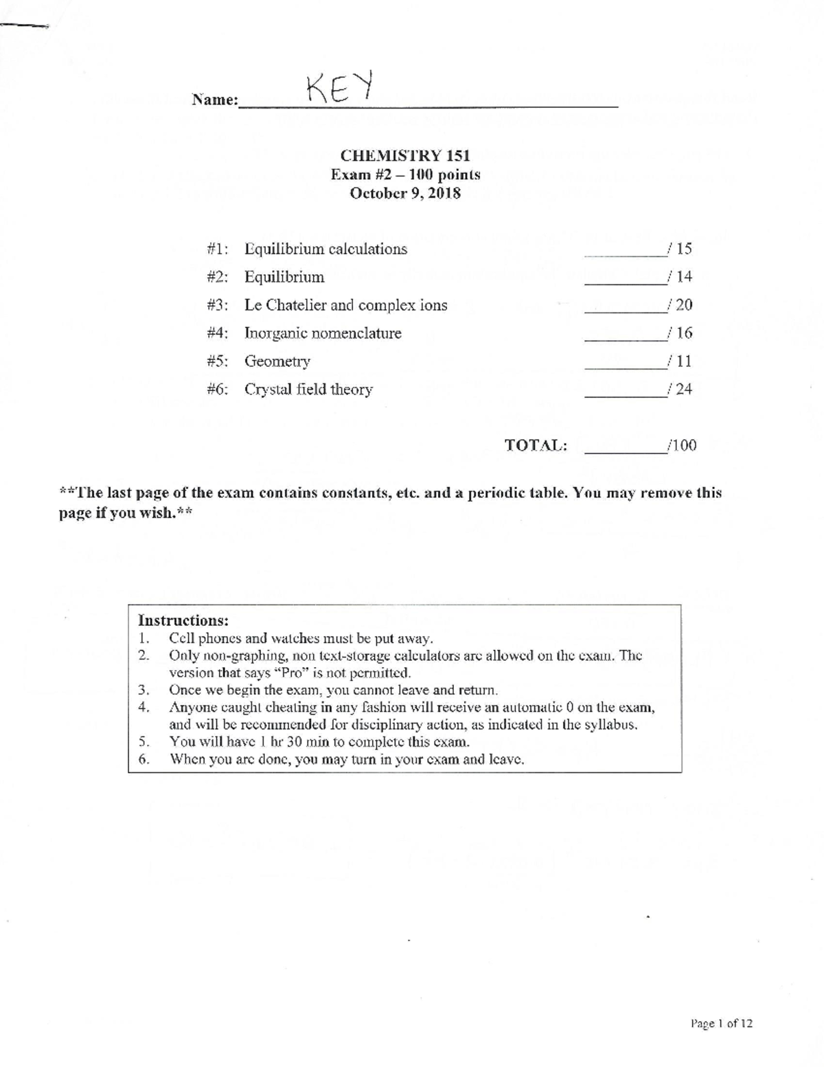 Exam #2 - KEY - Answer Key - CHEM 151 - Studocu