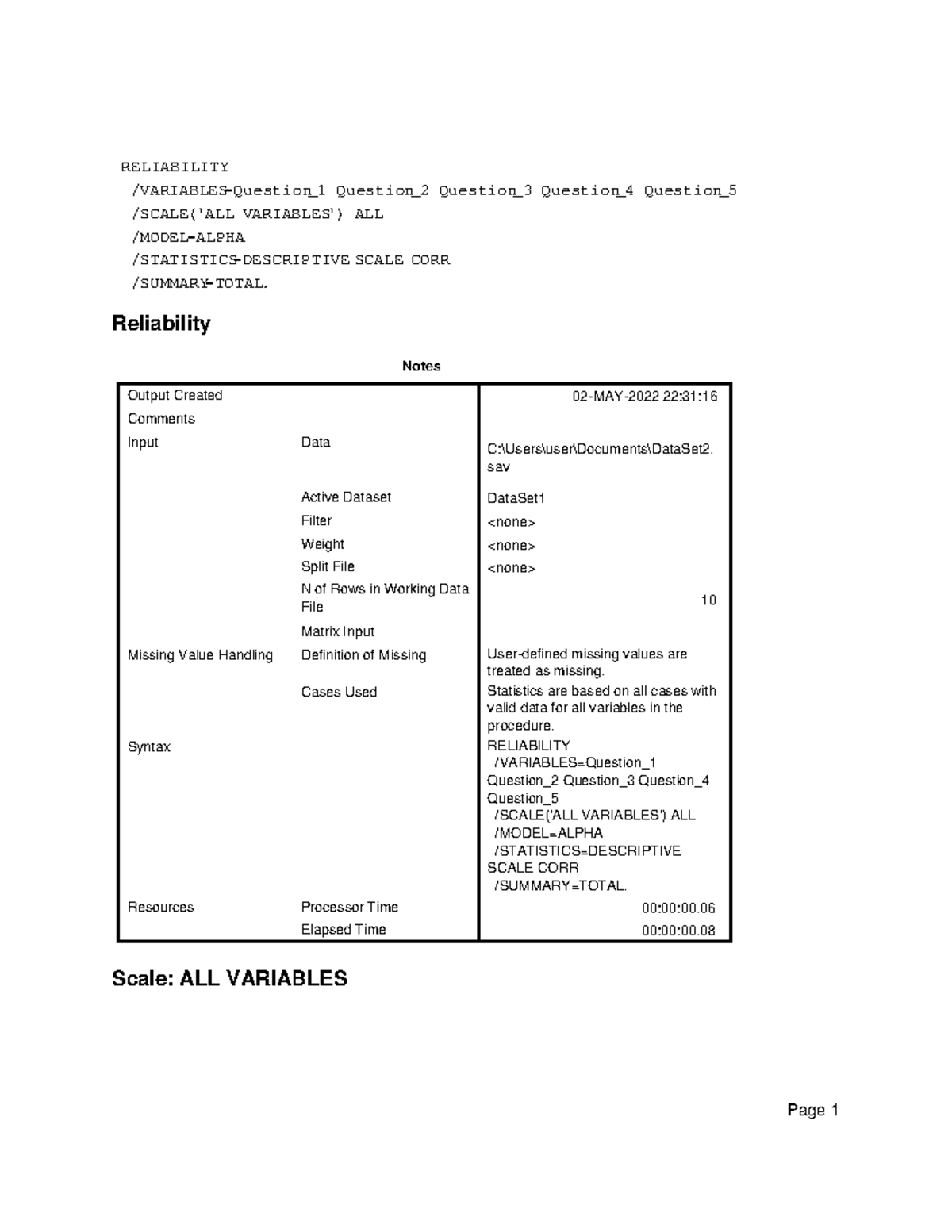 SPSS Output Statistical Package for the Social Sciences 1 - RELIABILITY ...