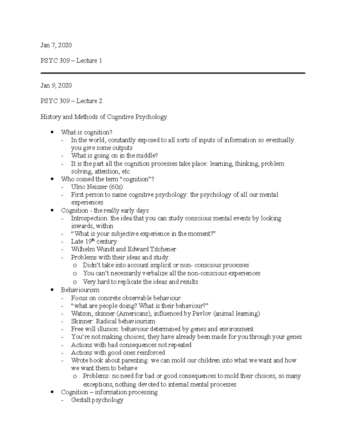 Psyc 309 Lecture Notes Jan 7 2020 Psyc 309 Lecture 1 Jan 9 2020
