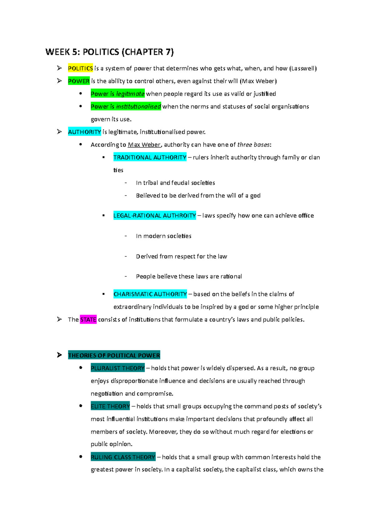Lecture and Textbook Notes from Weeks 5-8 - WEEK 5: POLITICS (CHAPTER 7 ...