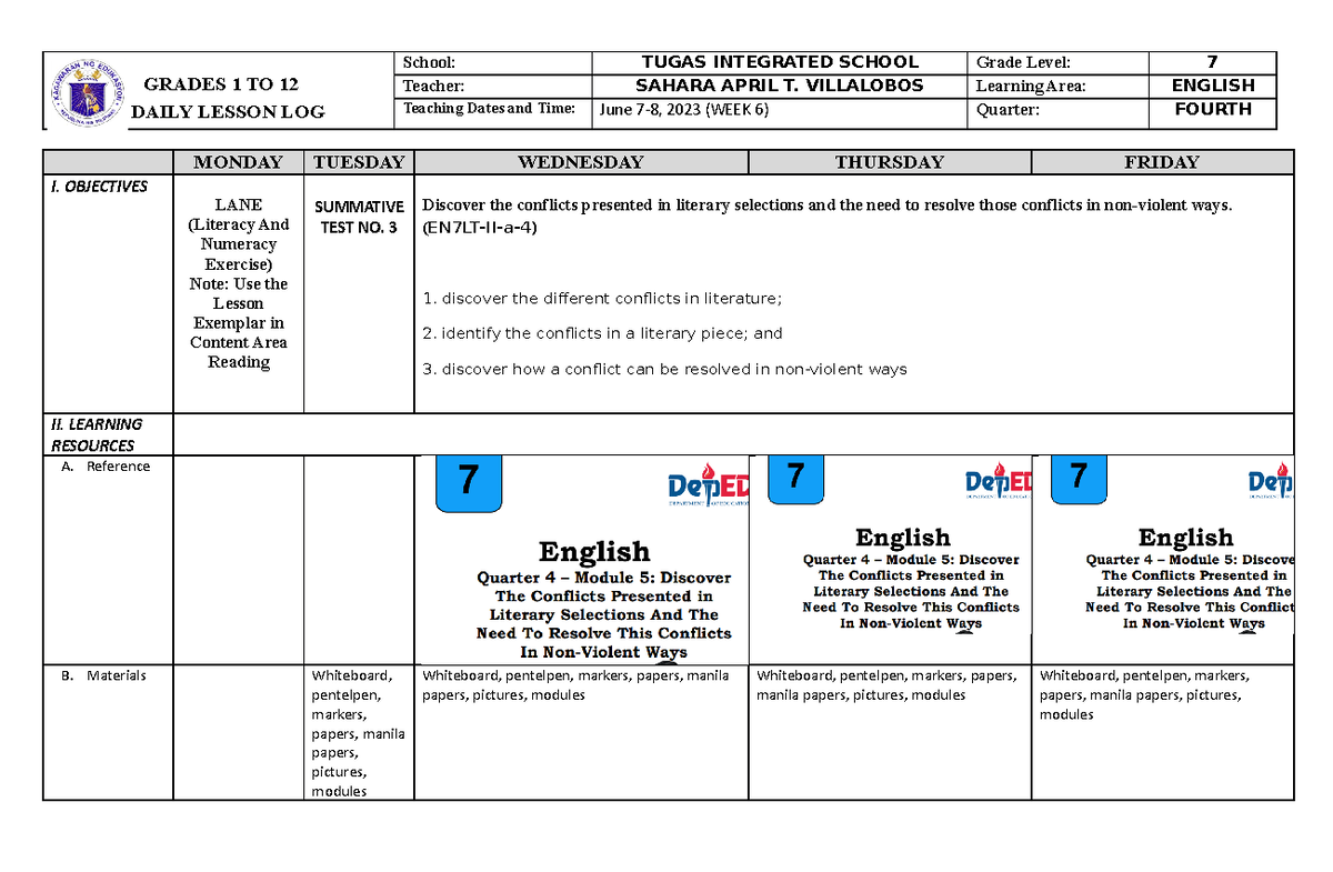 English wk 6 - GRADES 1 TO 12 DAILY LESSON LOG School: TUGAS INTEGRATED ...