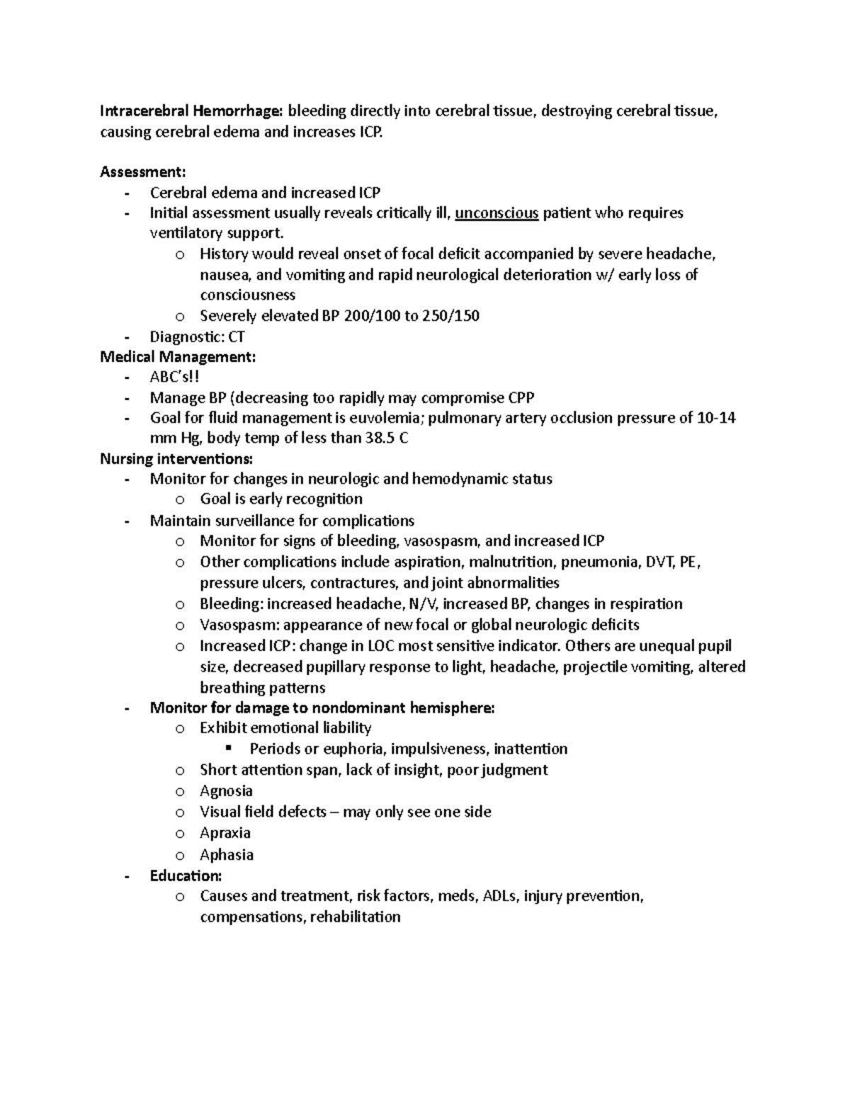 Intracerebral Hemorrhage Study Guide concept map - Intracerebral ...