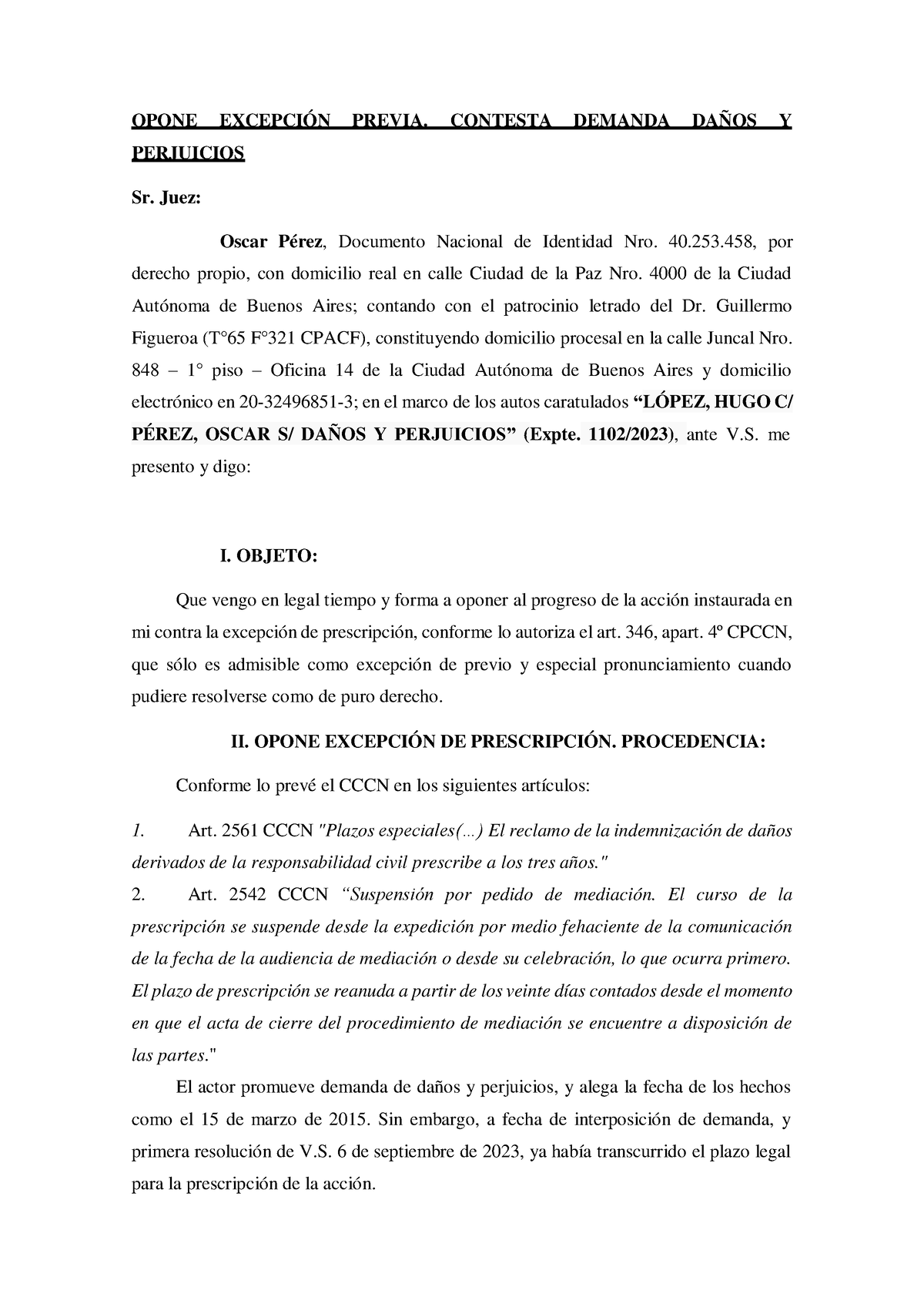 5- Contestacion Demanda Daños Y Perjuicios - OPONE EXCEPCIÓN PREVIA ...