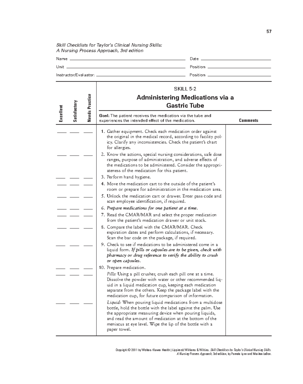 Administering Meds via Gastric Tube - 57 Skill Checklists for Taylor's ...