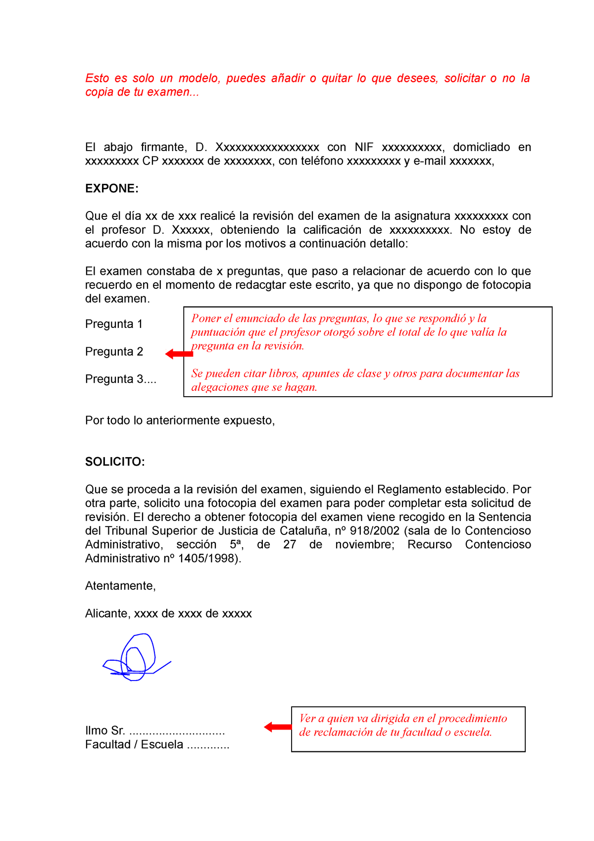 Modelo Solicitud Revision De Examen Esto Es Solo Un Modelo Puedes Añadir O Quitar Lo Que 4415