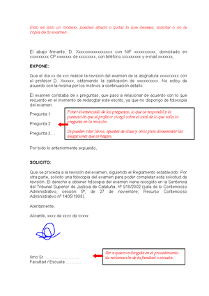 Modelo solicitud revision de examen - Esto es solo un modelo, puedes añadir  o quitar lo que desees, - Studocu