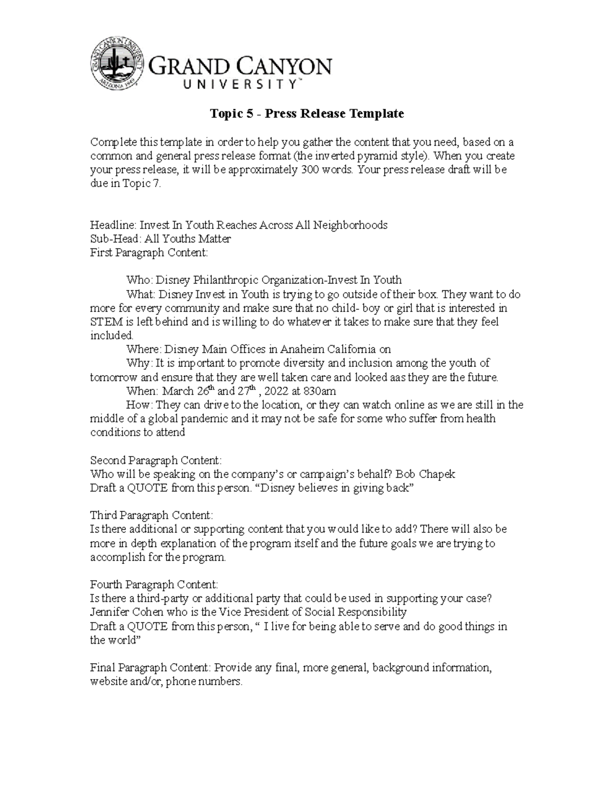 Press Letter Template Topic 5 Press Release Template Complete This Template In Order To Help You Studocu