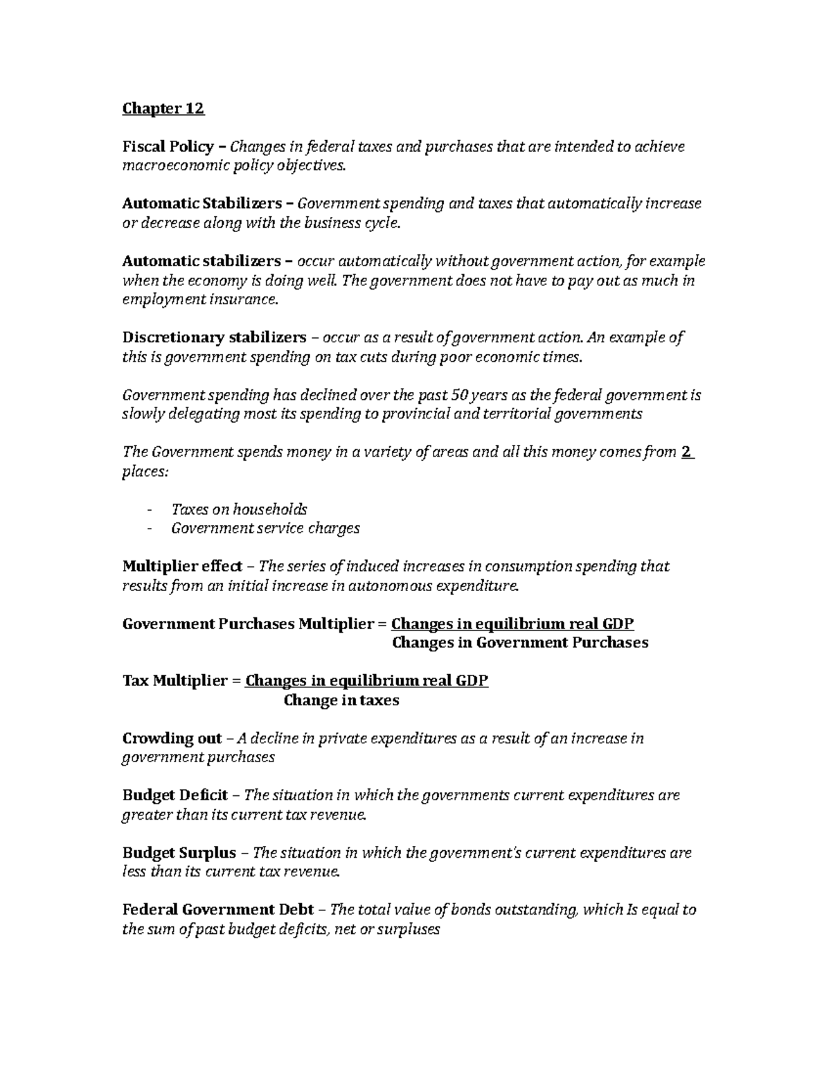 Chapter 12 - Macro Economics - Chapter 12 Fiscal Policy – Changes in ...