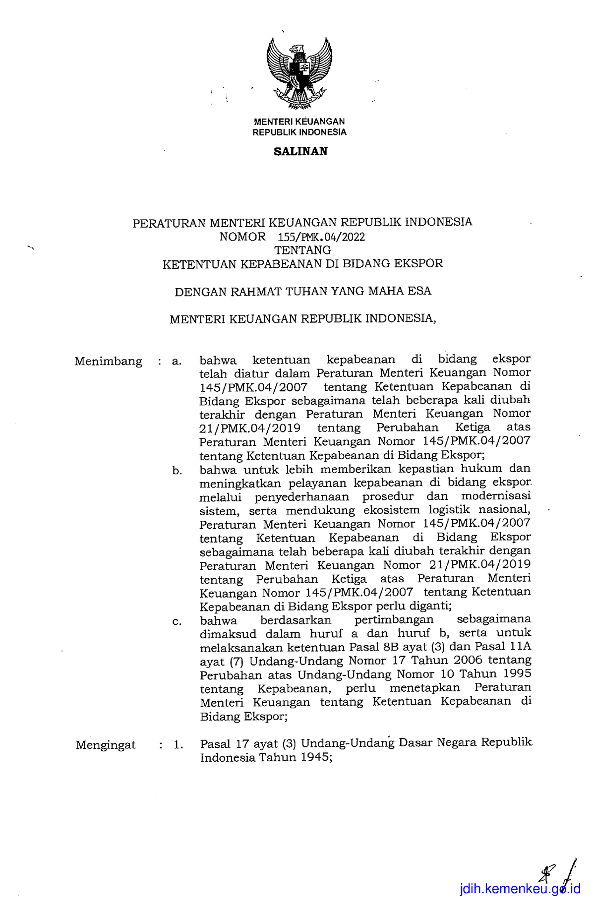 PMK.04 2022 Ketentuan Export - MENTERIKEUANGANREPUBLIK INDONESIA ...