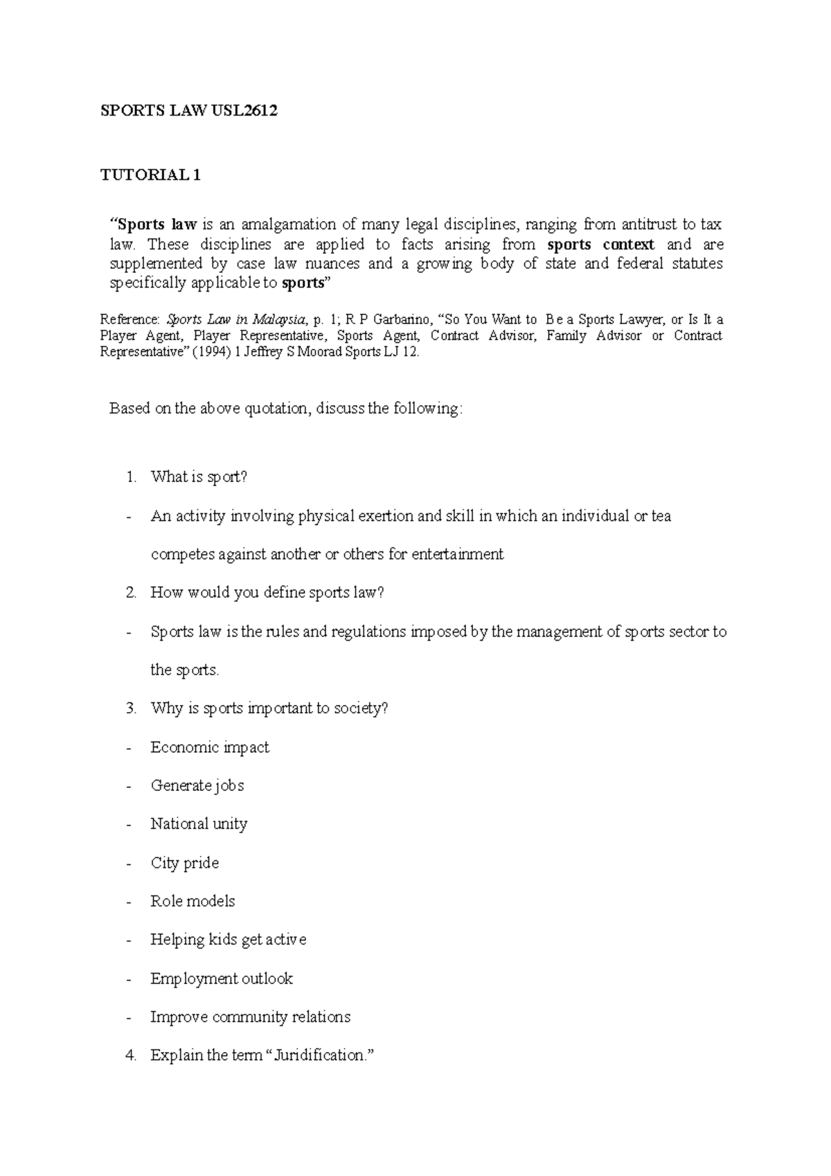 Tutorial 1 Intro - Use it at your own risk - SPORTS LAW USL TUTORIAL 1 ...