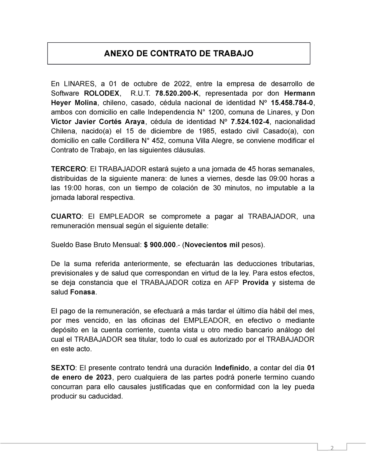 Anexo De Contrato De Trabajo 2 Anexo De Contrato De Trabajo En Linares A 01 De Octubre De 2956