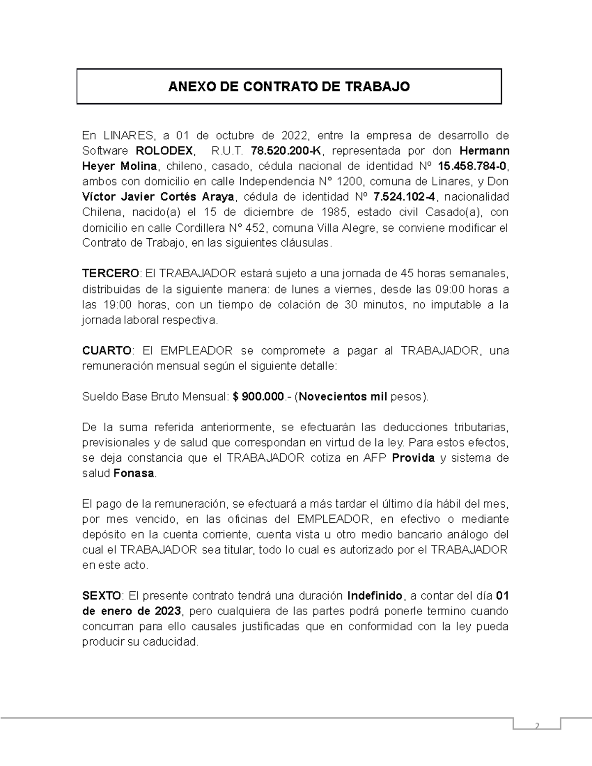 Anexo De Contrato De Trabajo 2 Anexo De Contrato De Trabajo En Linares A 01 De Octubre De 2956