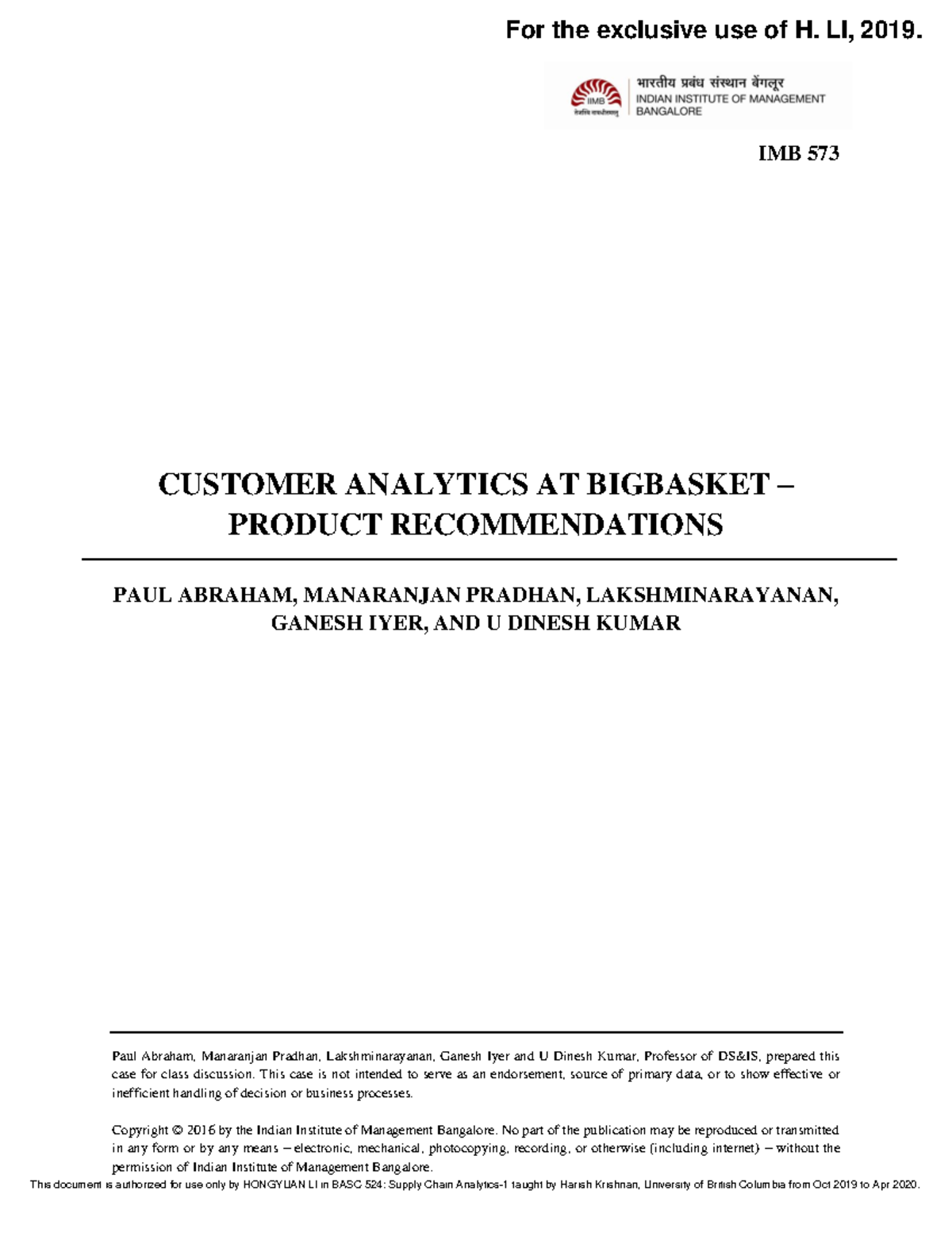 Customer Analytics at bigbasket IMB 573 Paul Abraham, Manaranjan
