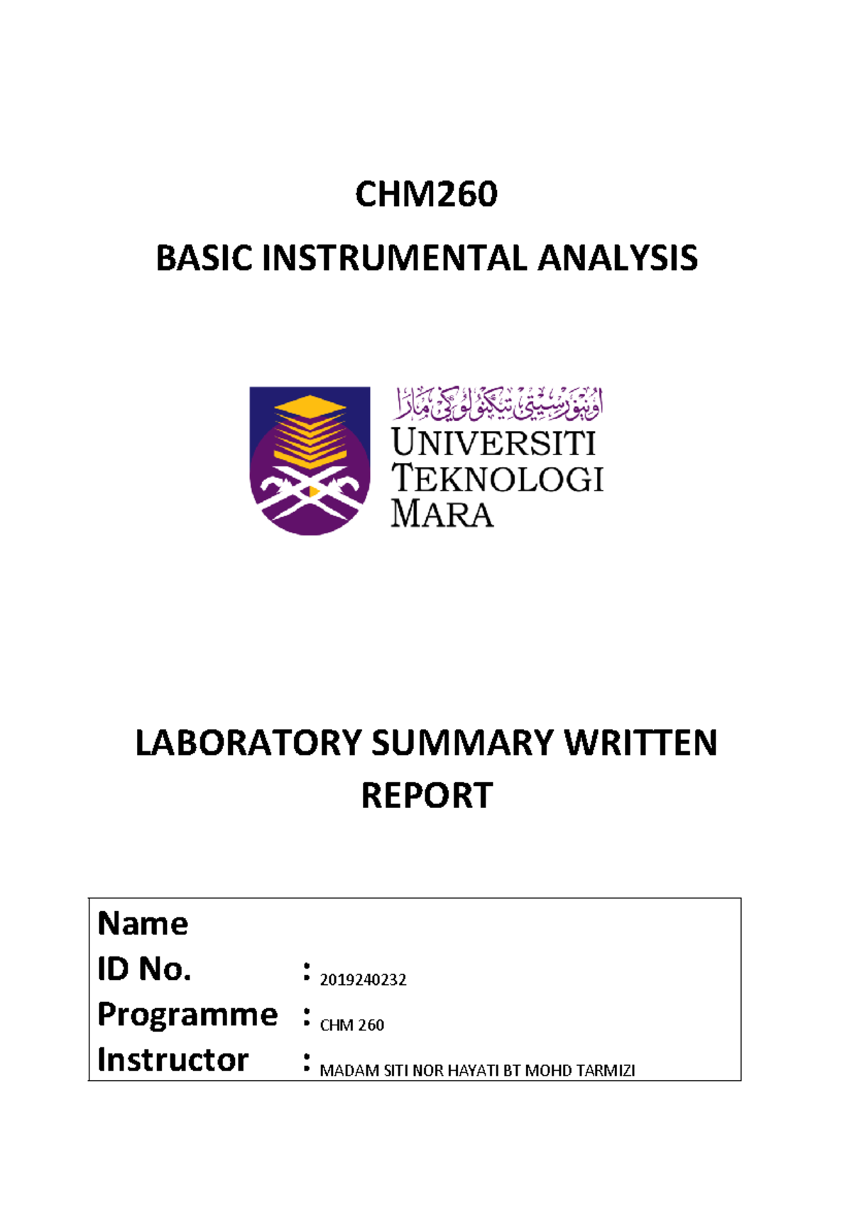 LAB Manual CHM BASIC INSTRUMENTAL ANALYSIS LABORATORY SUMMARY WRITTEN REPORT Name ID No