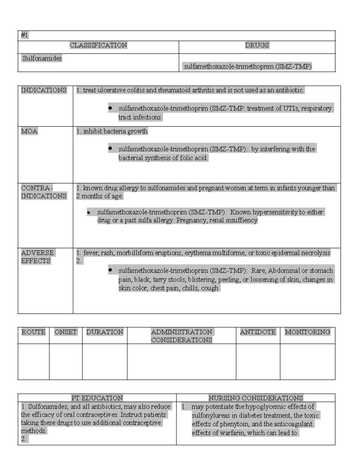 Drug card 3 - Drug card - CLASSIFICATION DRUGS Sulfonamides ...