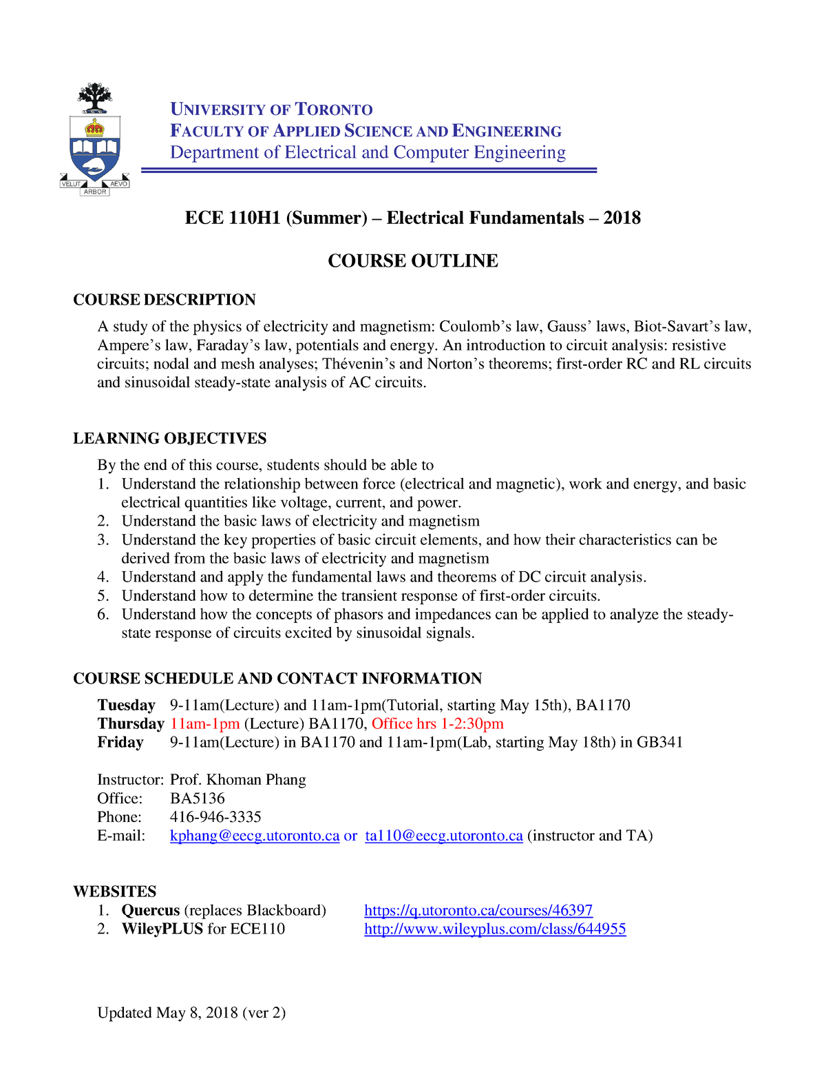 Ece110Syllabus 2018 - ECE110 - U Of T - Studocu