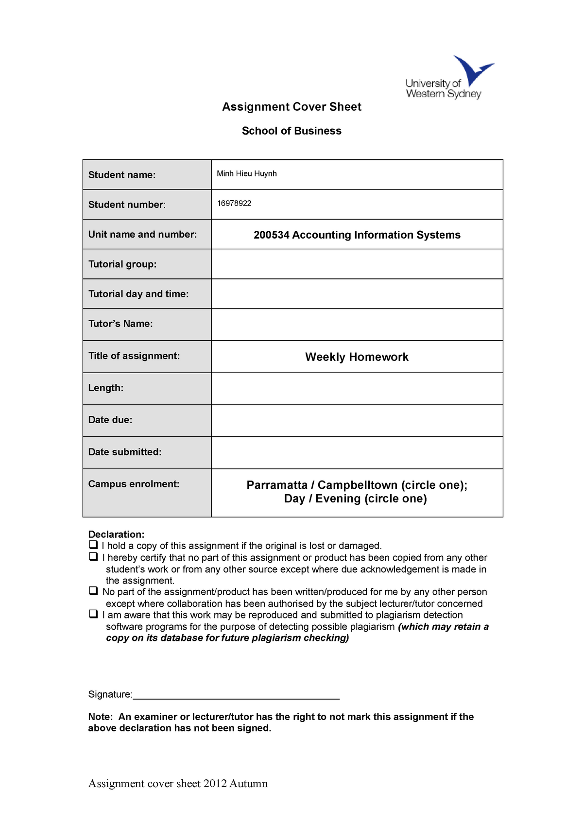 acu assignment cover sheet