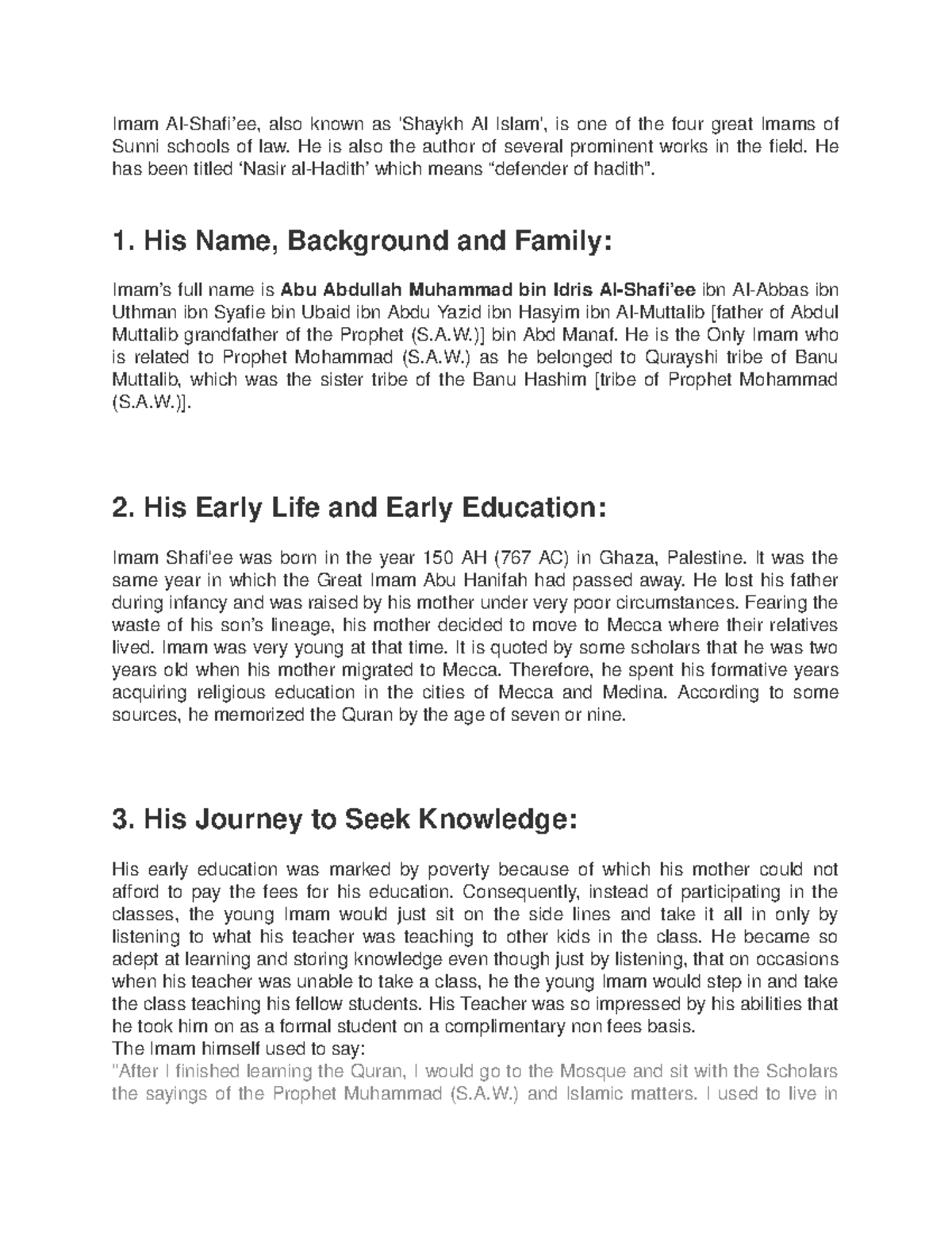 Biography of Imam Shafi founder of shafi school of thougts - Civil ...