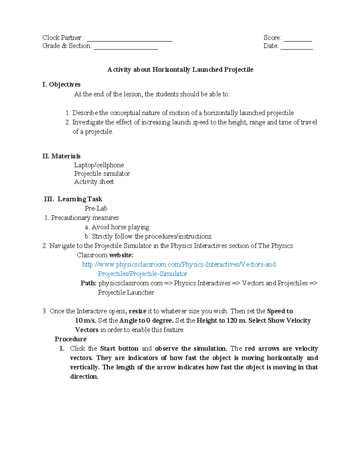 Activity-Horizontally-Launched-projectile - Clock Partner ...