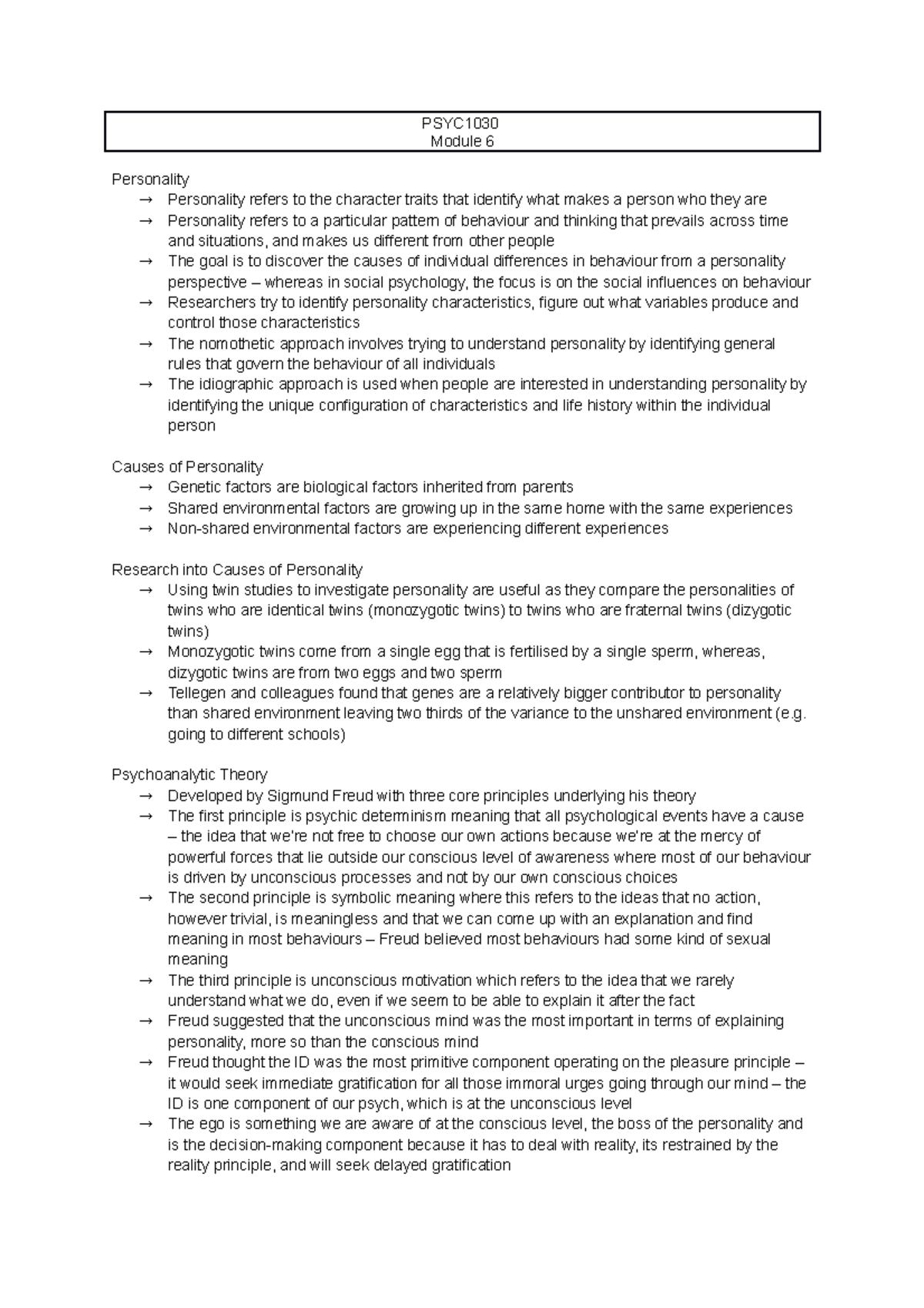Module #6 - PSYC Module 6 Personality Personality refers to the ...