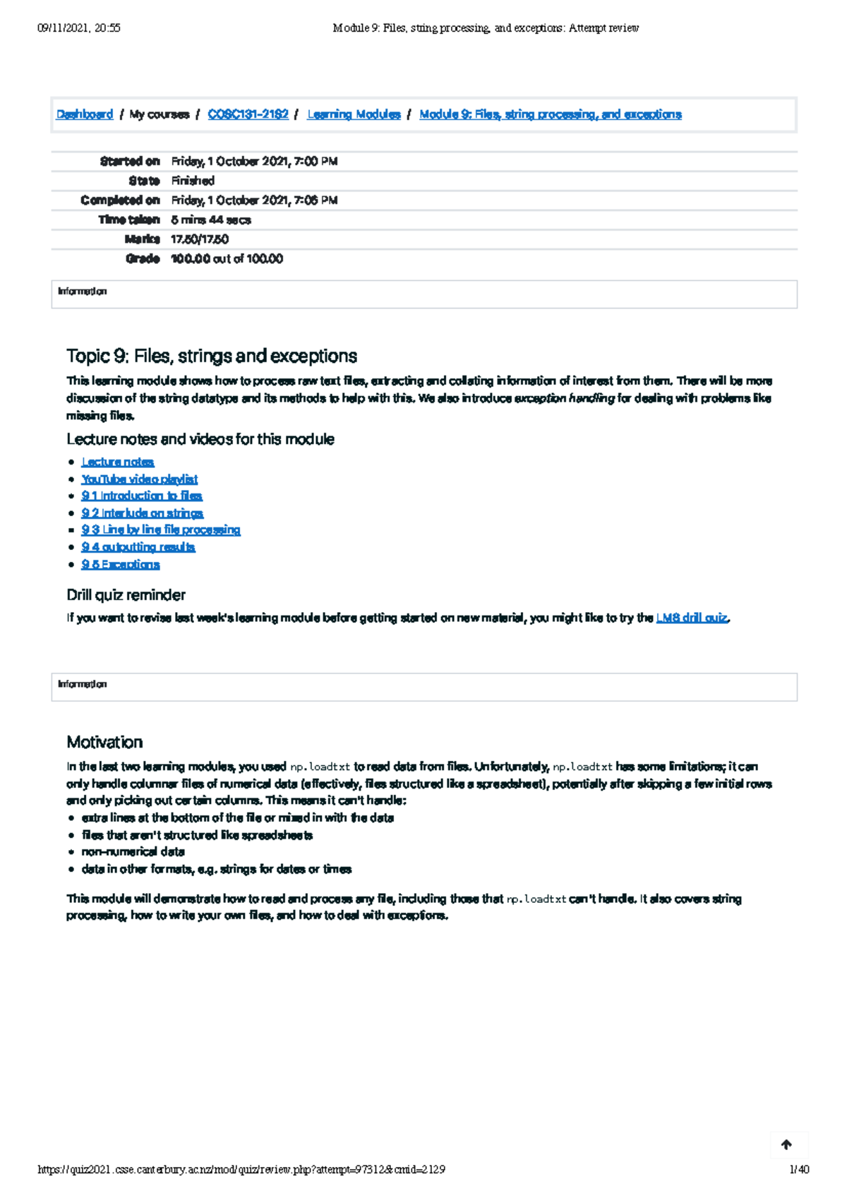 Module 9 Files, string processing, and exceptions Attempt review ...