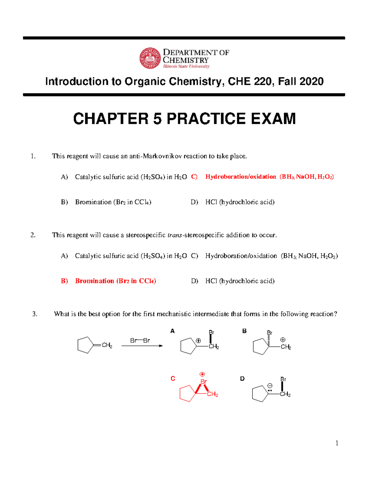 CHE 220 CH 05 Practice EXAM Solutions - 1 Introduction to Organic ...