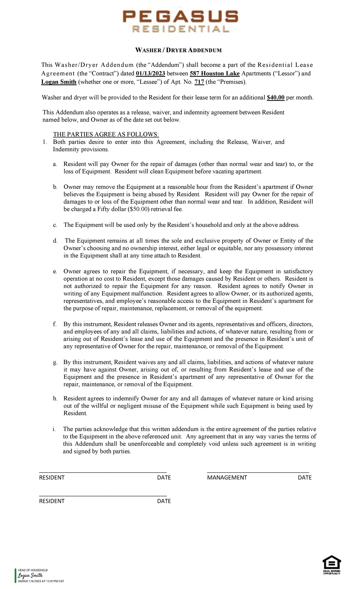 011 Form Washer Dryer Addendum Lease 1 13 2023 to 2 12 2024 WASHER