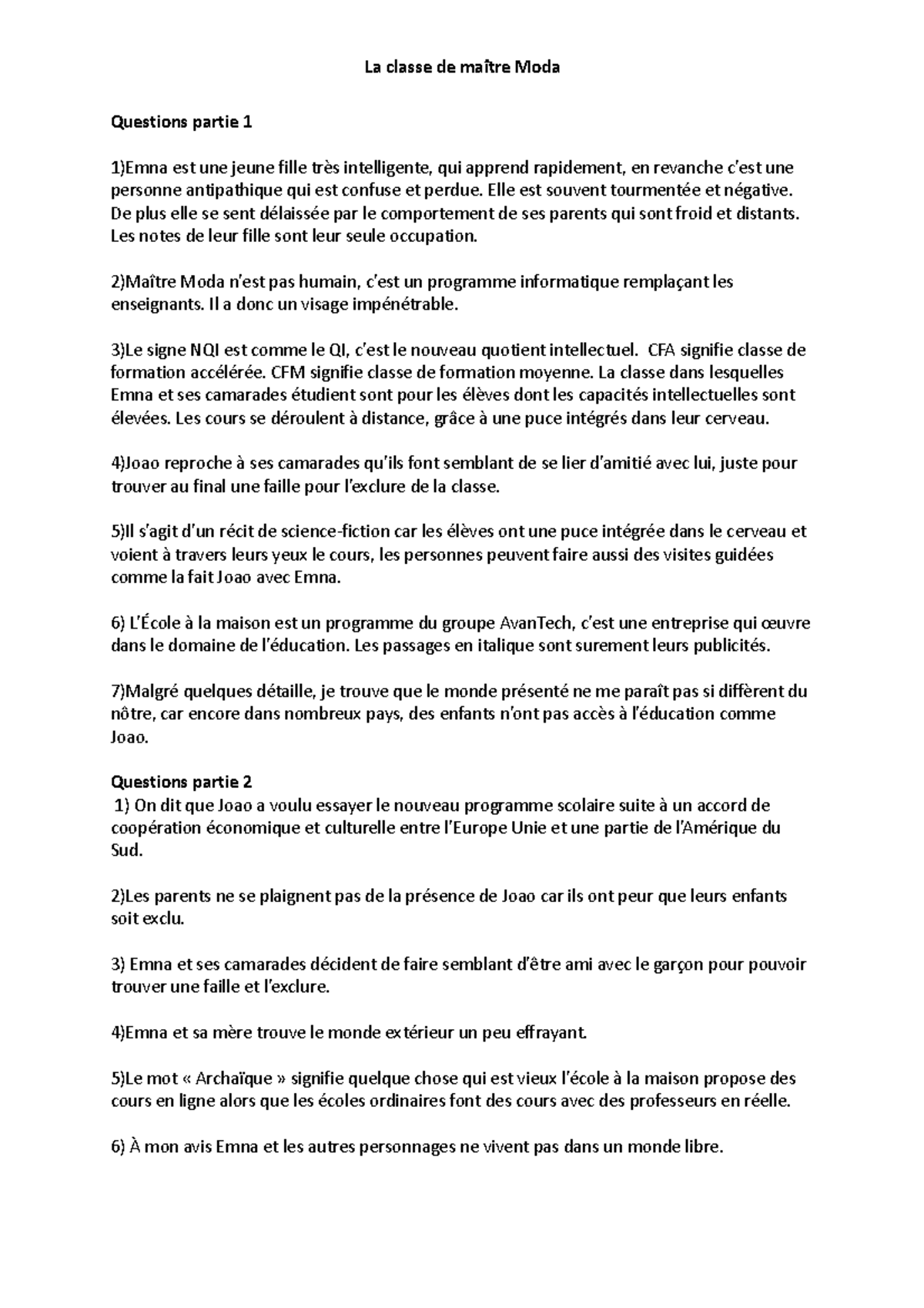 Français exercices - La classe de maître Moda Questions partie 1 1)Emna ...